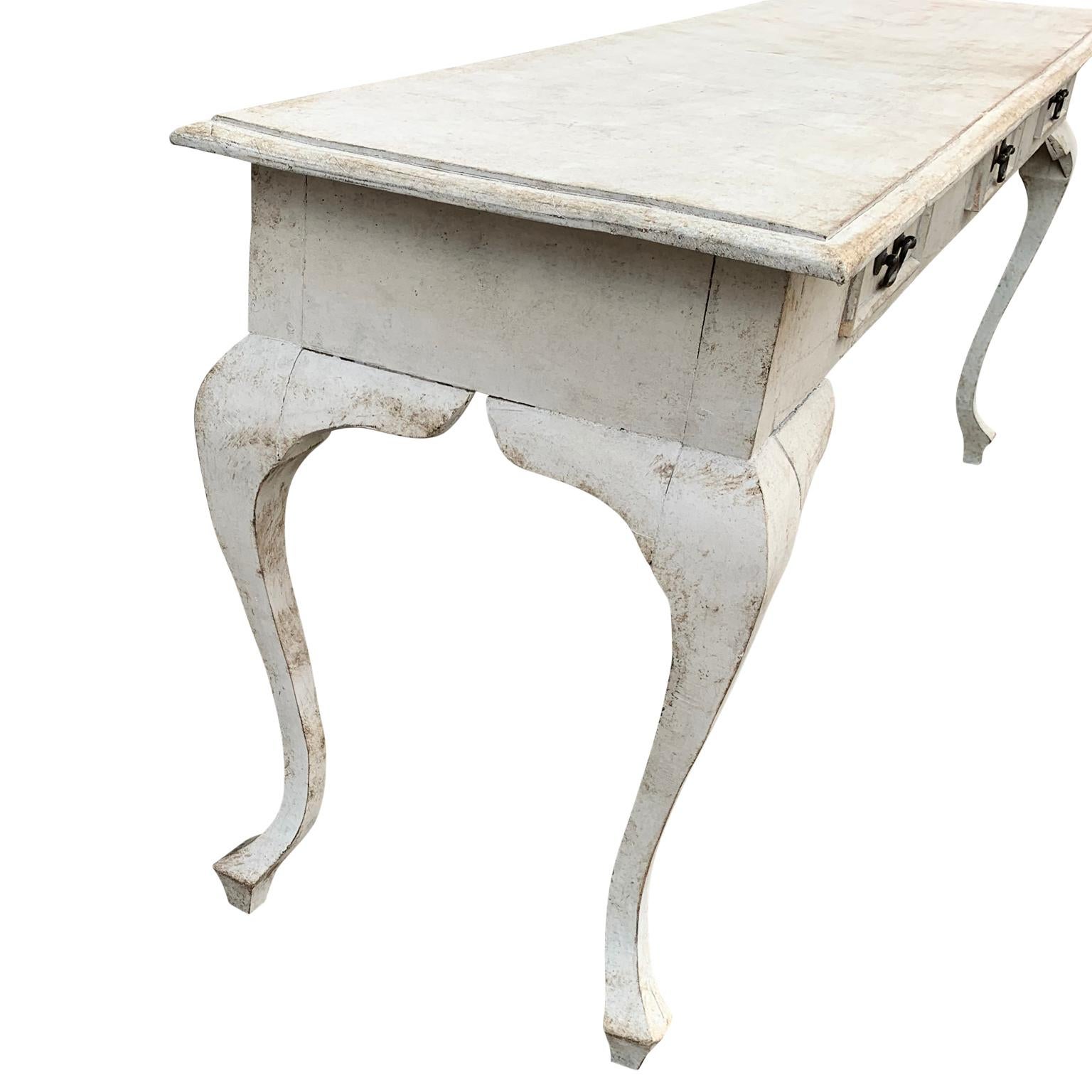 Wood Swedish Gustavian Style Light Grey Painted Console with 3 Drawers