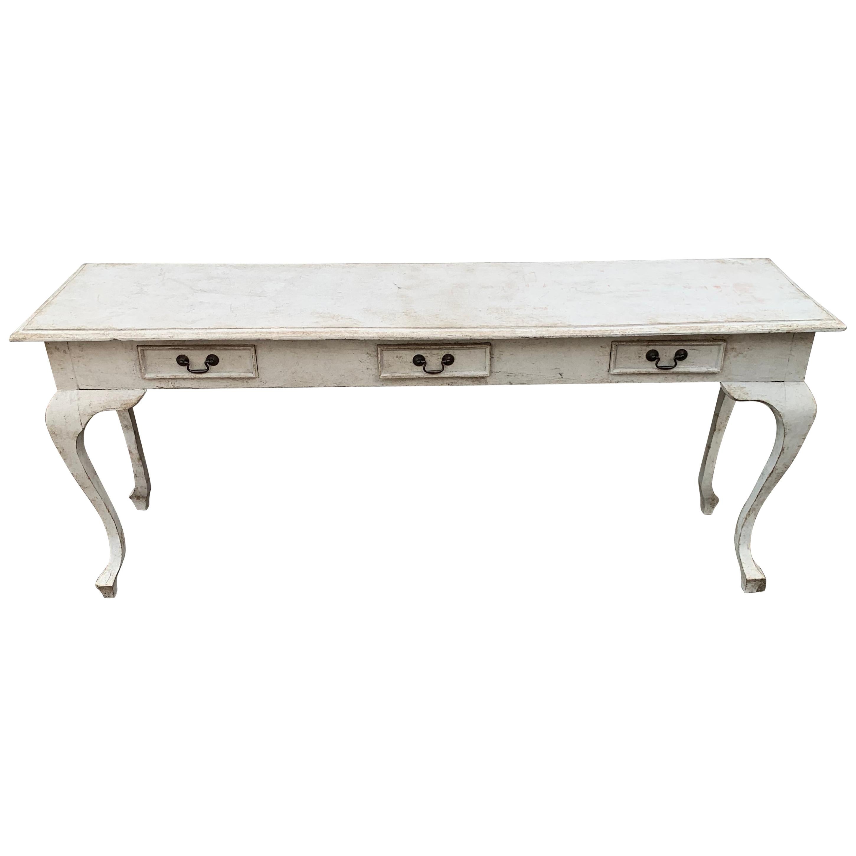 Swedish Gustavian Style Light Grey Painted Console with 3 Drawers