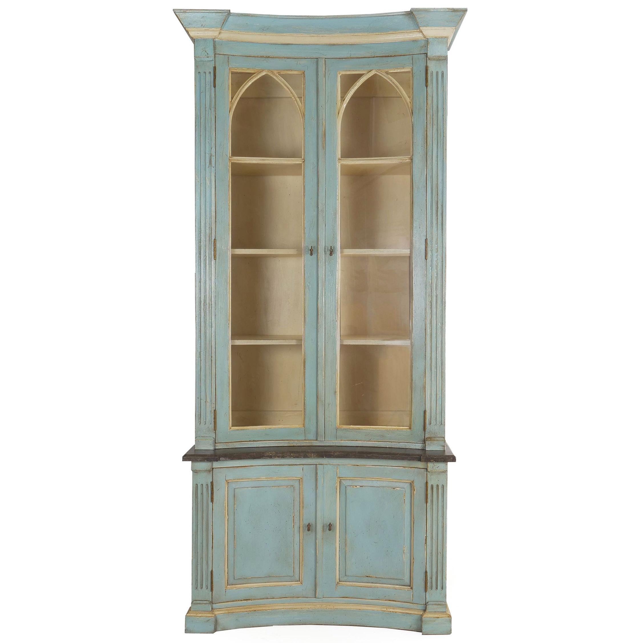 Swedish style blue painted two-part bookcase cabinet,
circa 21st century, retailed by Lillian August
Item # 008MGP26M 

This is a gorgeous designer piece retailed by Lillian August and is built in two parts for easy transport. The upper features