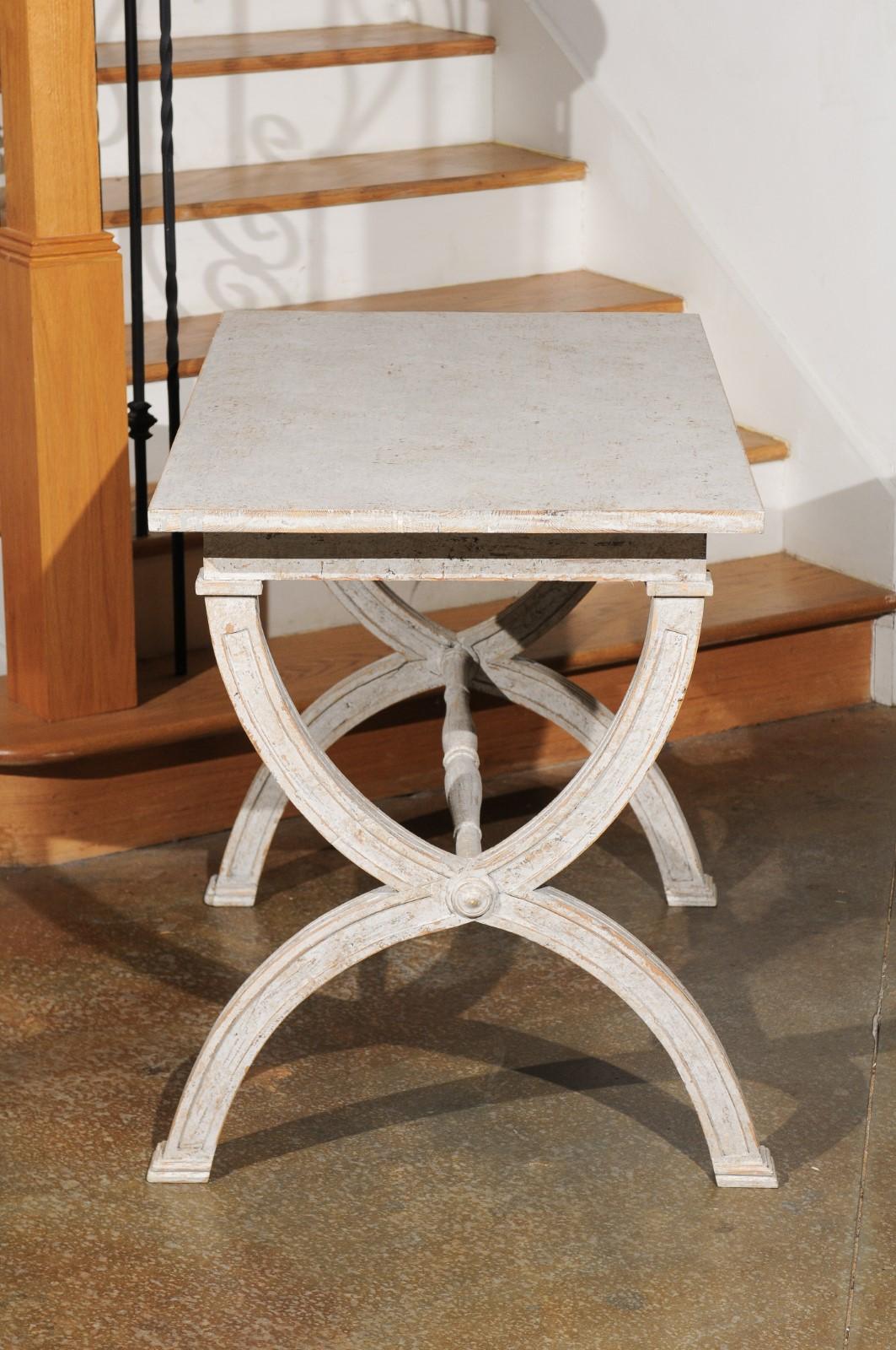 Swedish Gustavian Style Painted Console Table with Curule Base and Stretcher 5