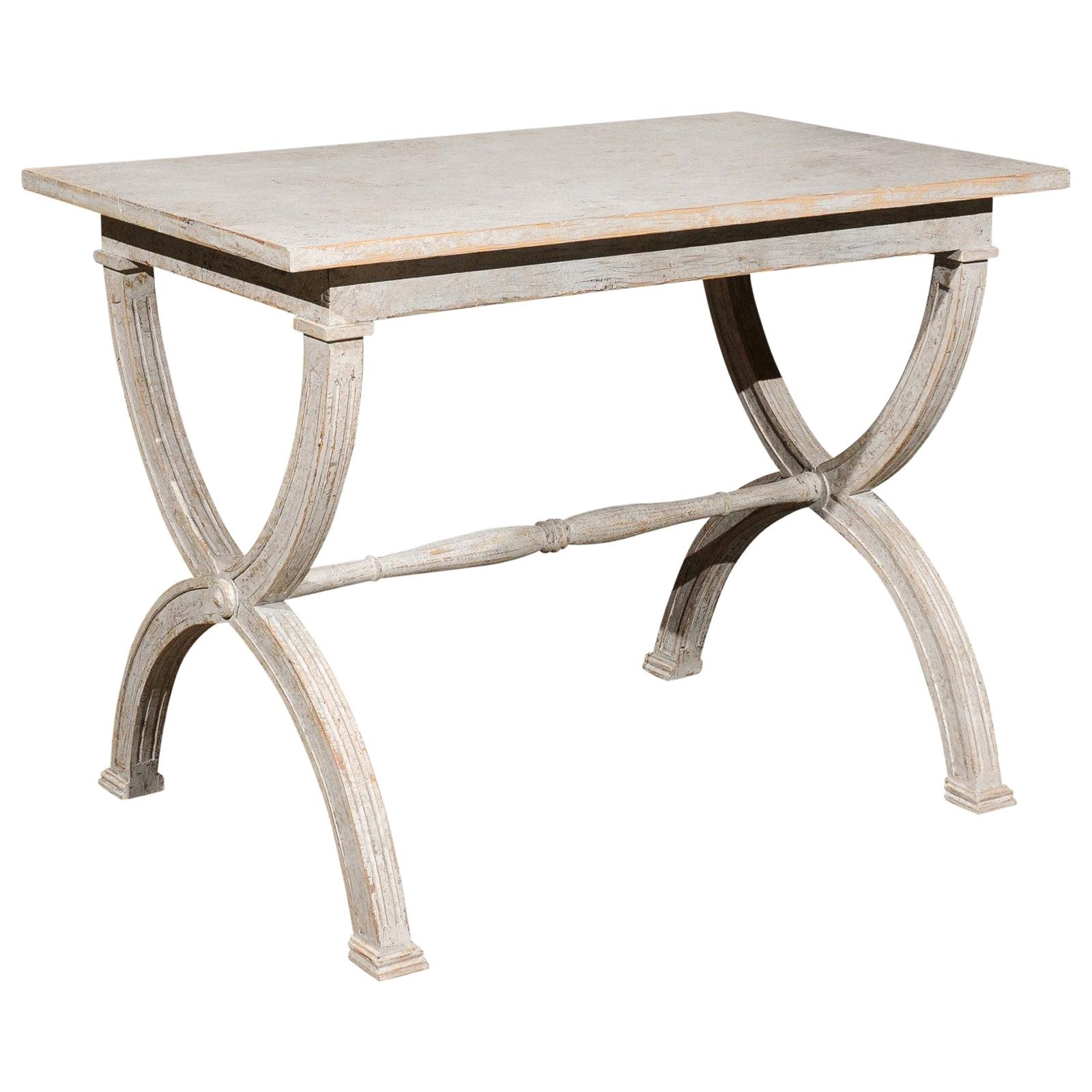 Swedish Gustavian Style Painted Console Table with Curule Base and Stretcher