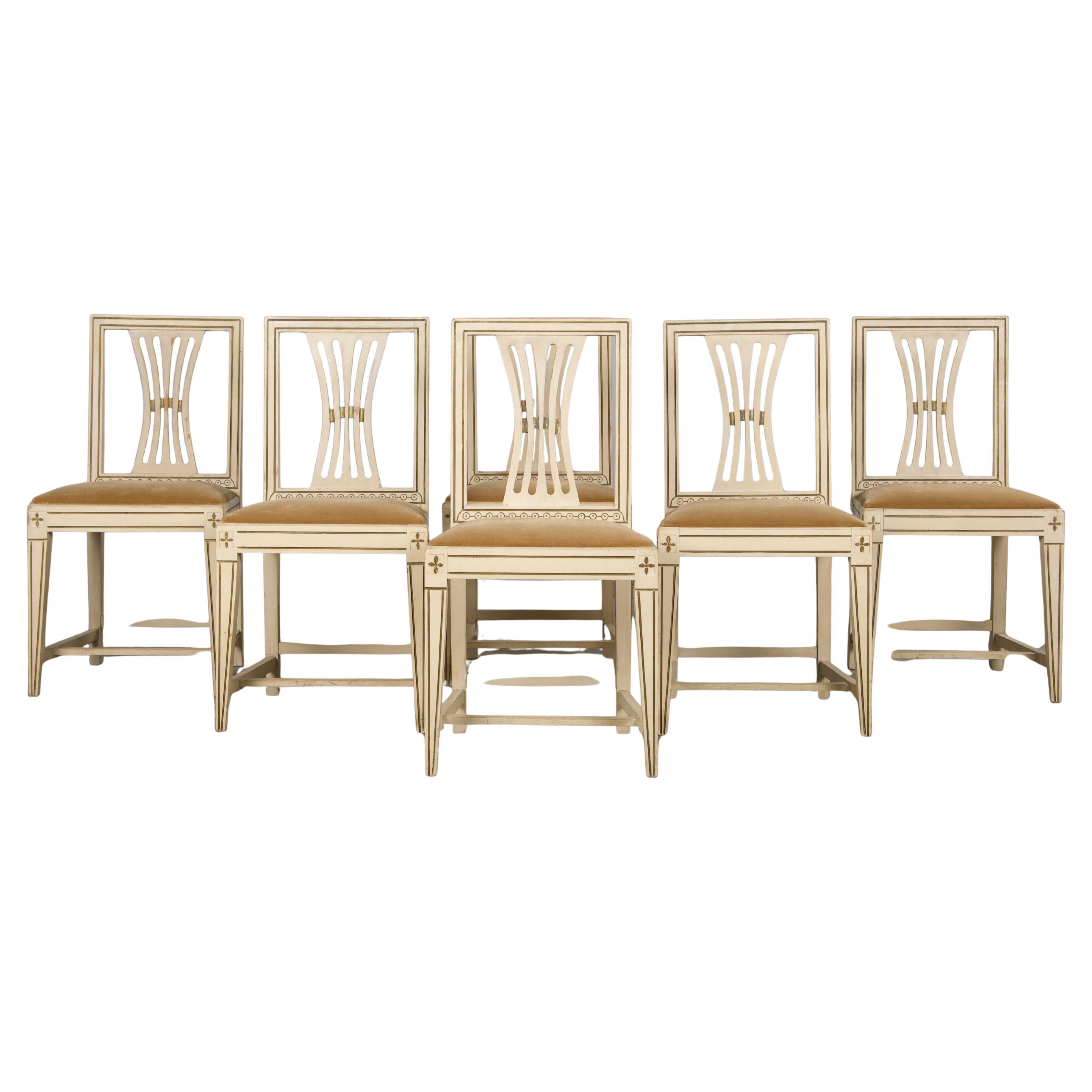 Swedish Gustavian Style Painted Dining Chairs W/ Beige Velvet - Set of 6