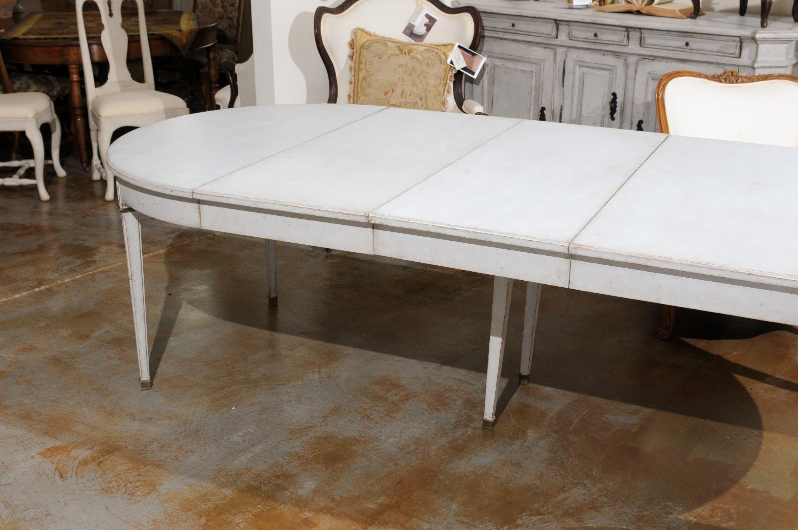 Carved Swedish Gustavian Style Painted Oval Extension Dining Table with Three Leaves