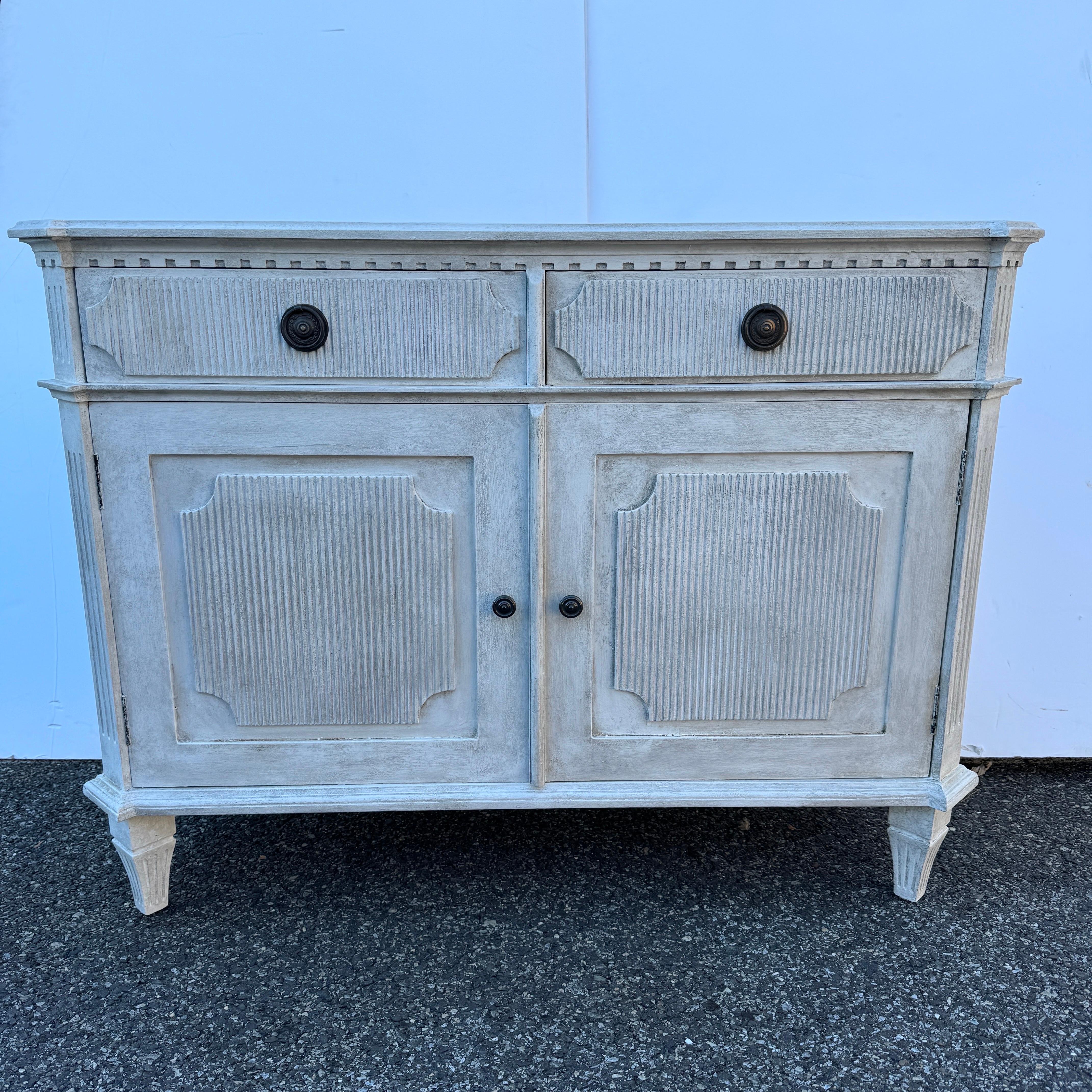 Contemporary Swedish Gustavian Style Painted Reeded Commode Cabinet For Sale