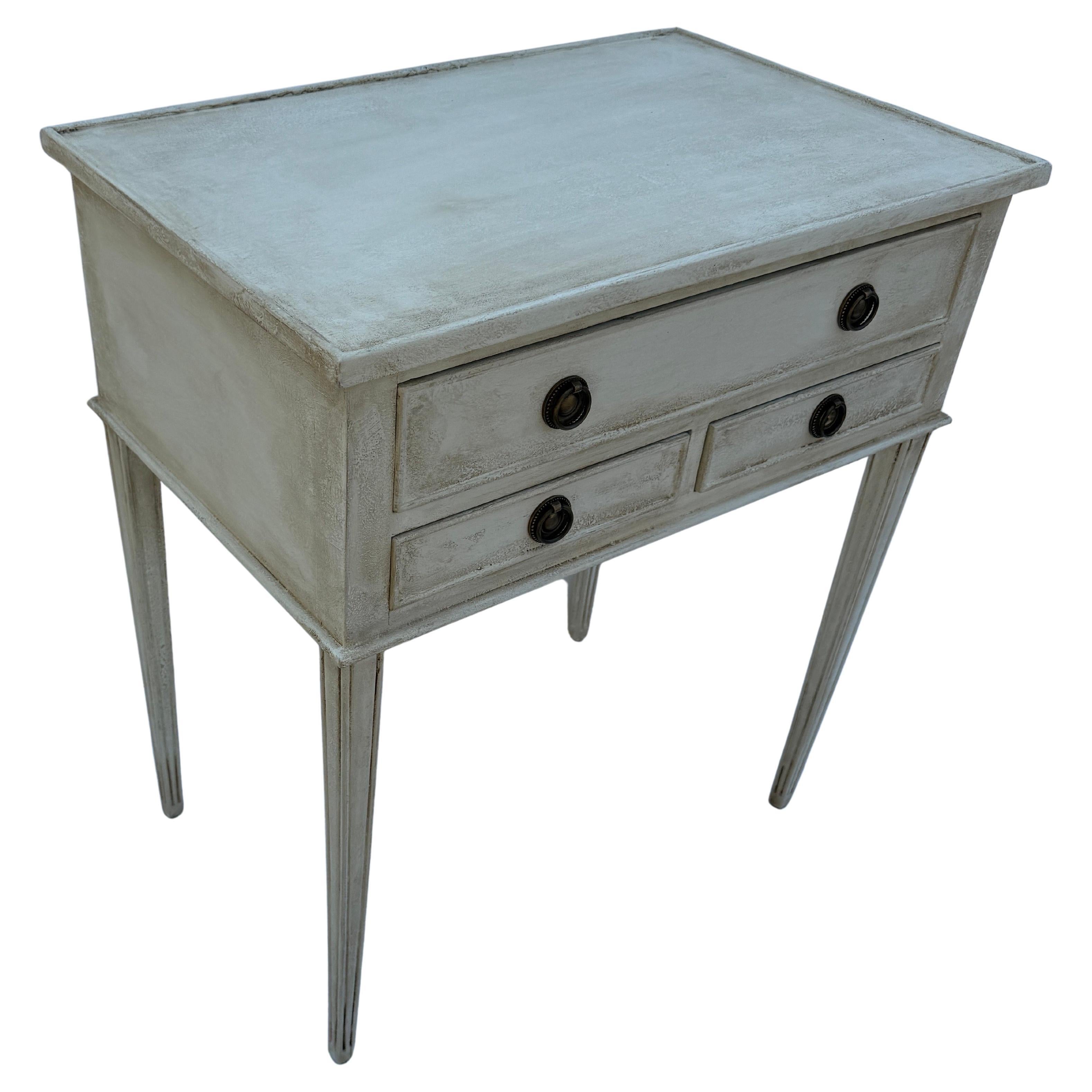 European Swedish Gustavian Style Painted Side Table Bedside with 3 Drawers