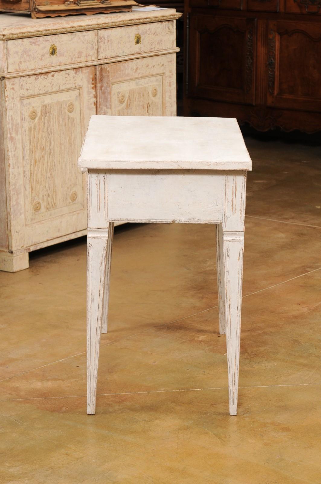 Swedish Gustavian Style Painted Side Table with Reeded Drawer and Tapered Legs For Sale 5