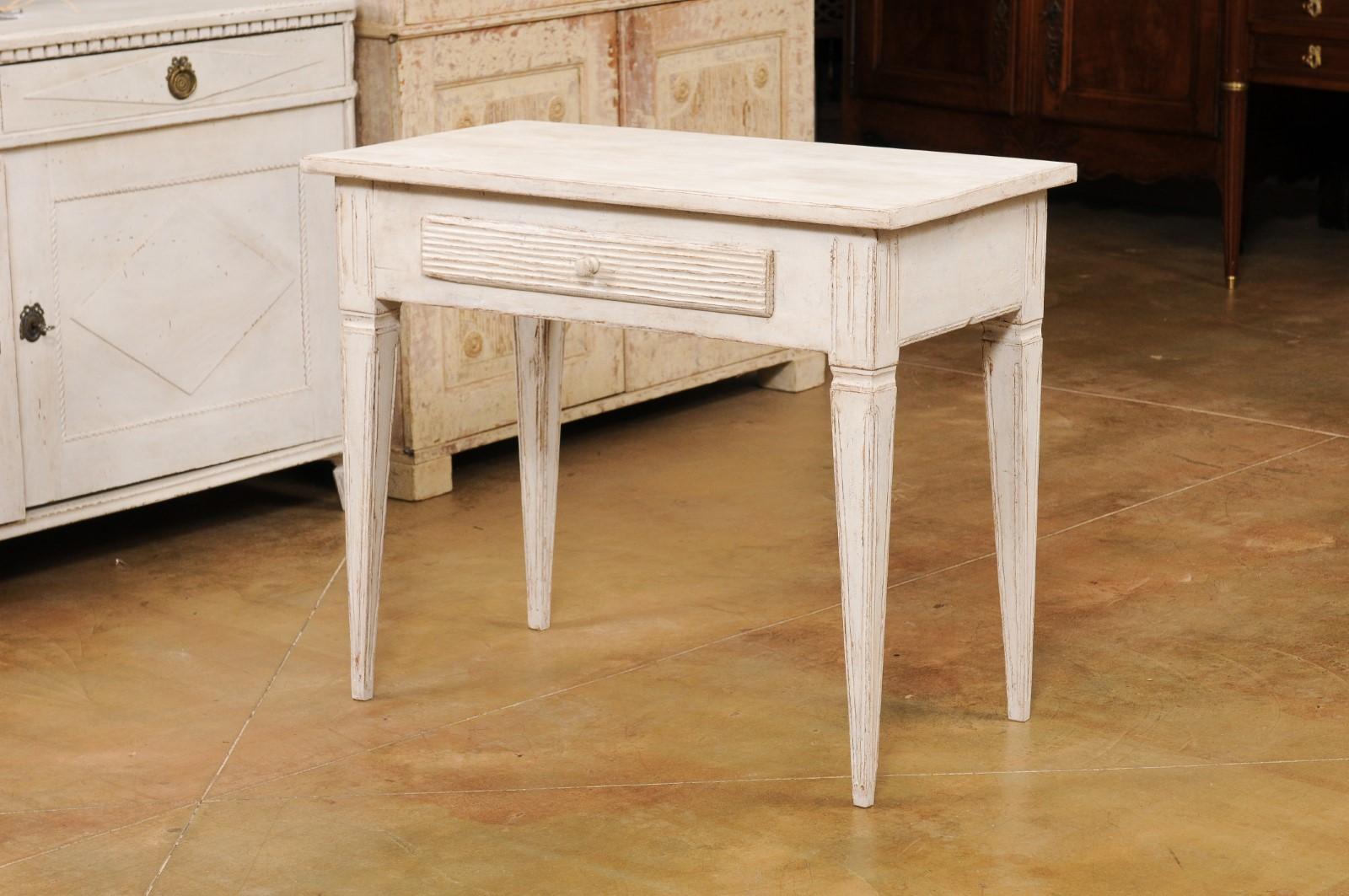 Swedish Gustavian Style Painted Side Table with Reeded Drawer and Tapered Legs For Sale 6