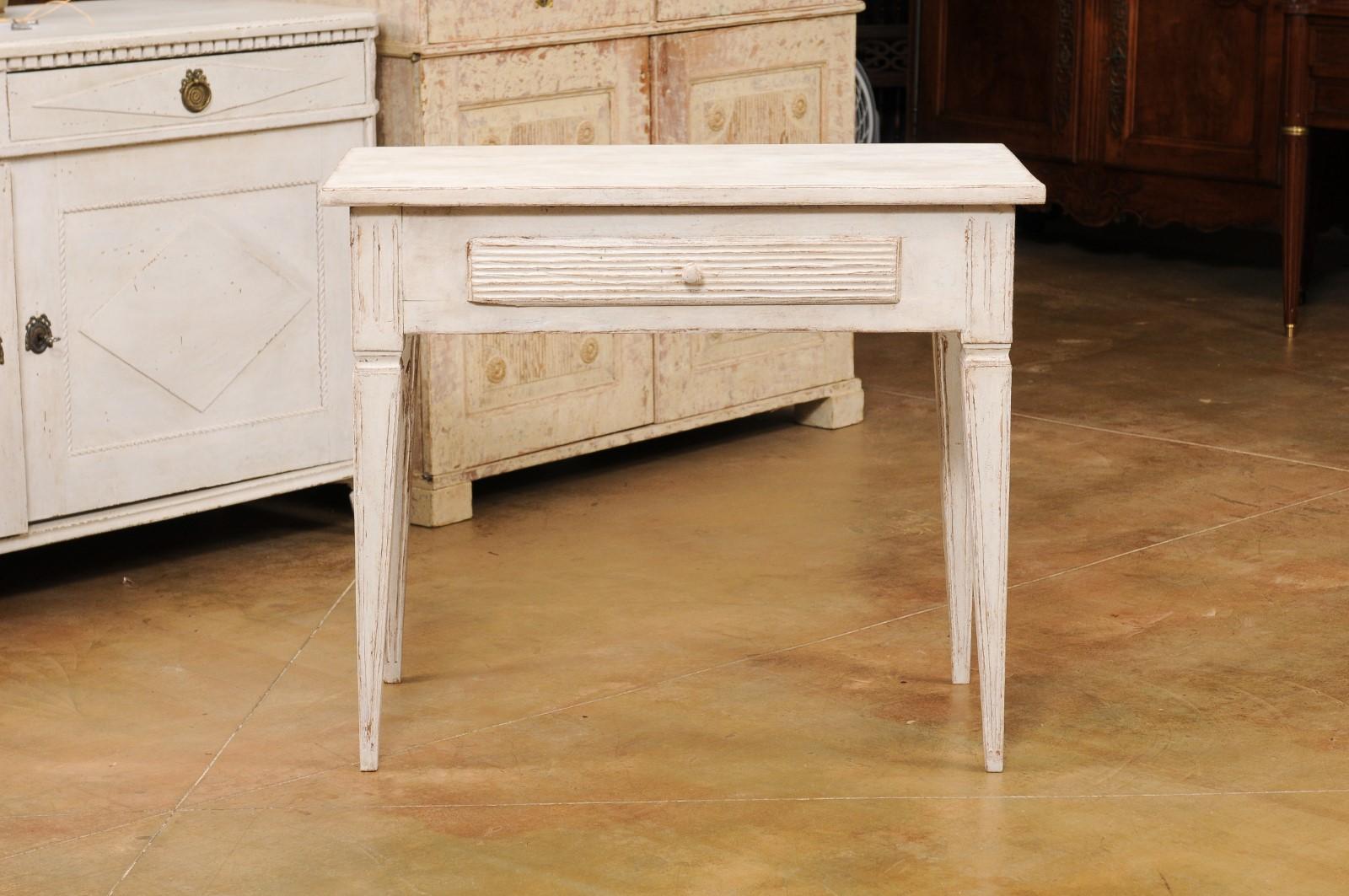 Swedish Gustavian Style Painted Side Table with Reeded Drawer and Tapered Legs 7