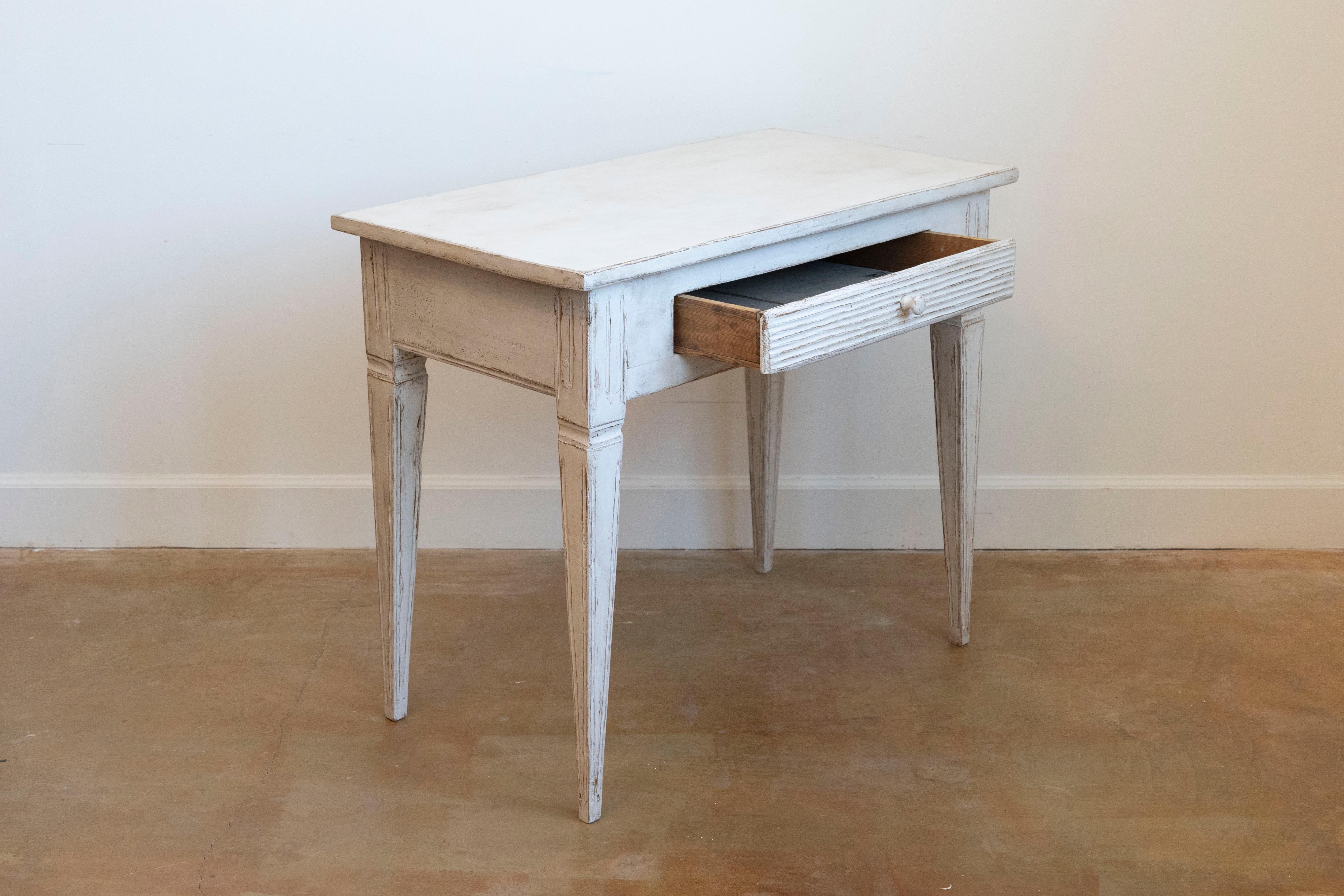 Carved Swedish Gustavian Style Painted Side Table with Reeded Drawer and Tapered Legs For Sale