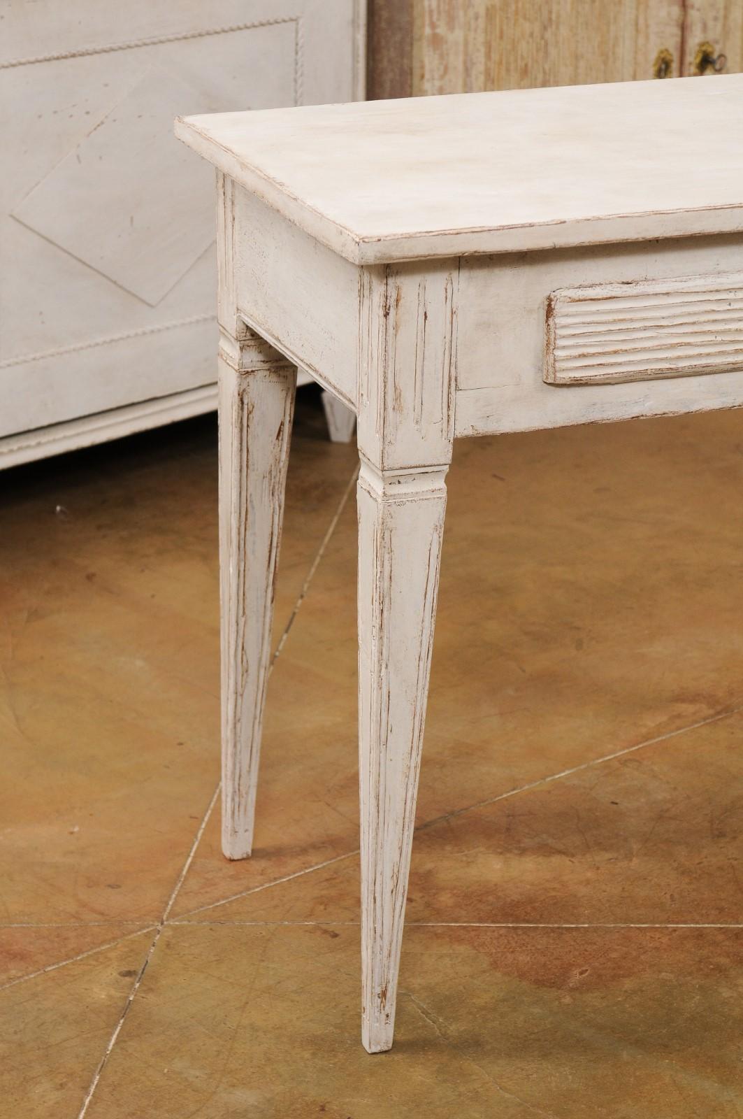 Swedish Gustavian Style Painted Side Table with Reeded Drawer and Tapered Legs In Good Condition In Atlanta, GA