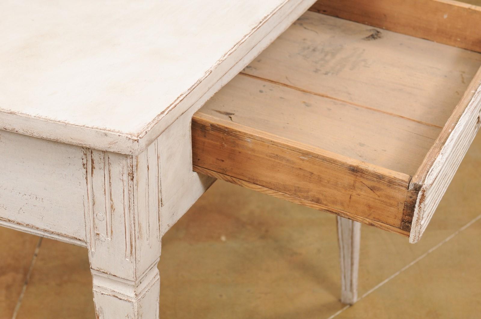 19th Century Swedish Gustavian Style Painted Side Table with Reeded Drawer and Tapered Legs For Sale