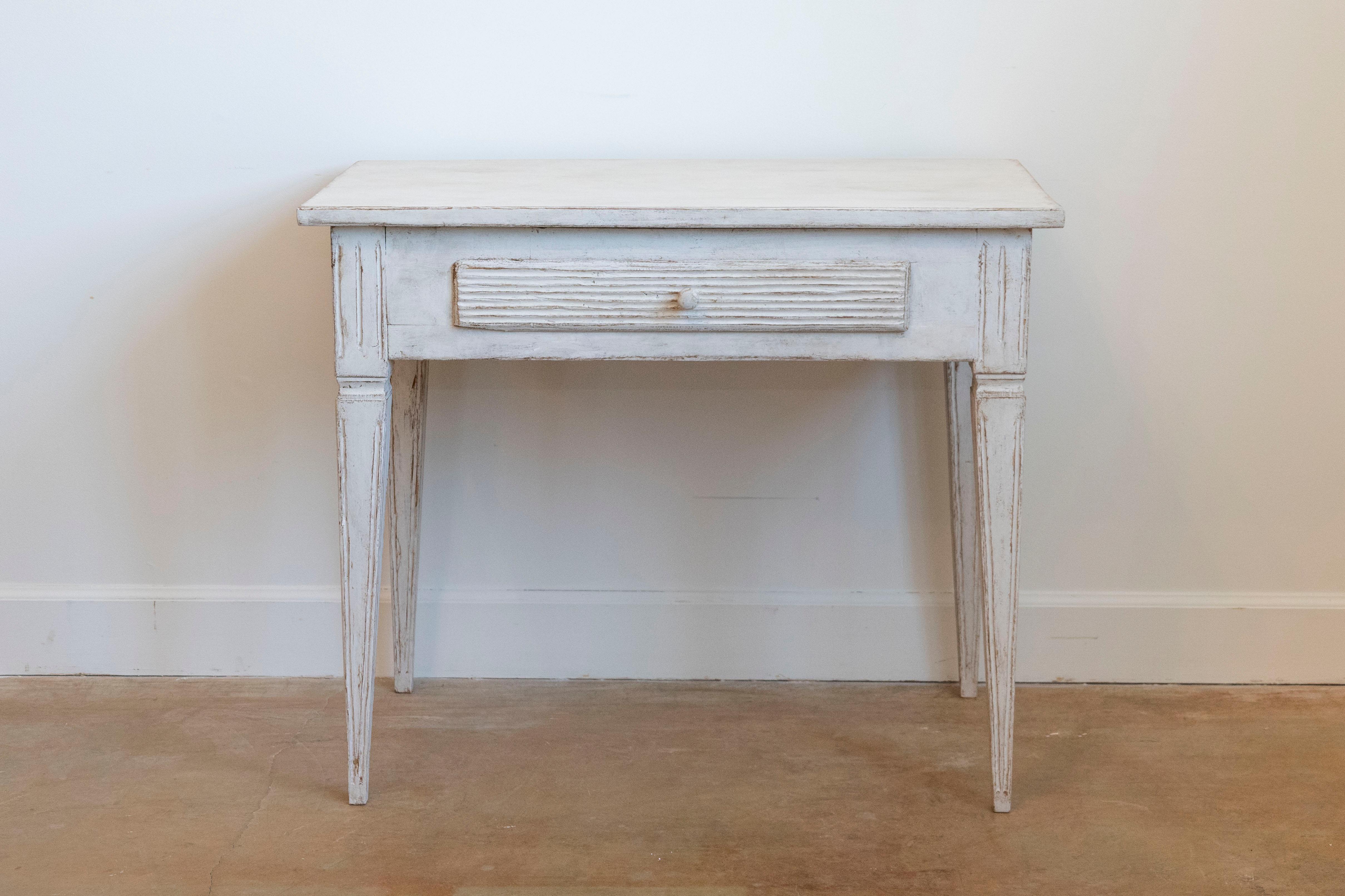 19th Century Swedish Gustavian Style Painted Side Table with Reeded Drawer and Tapered Legs For Sale