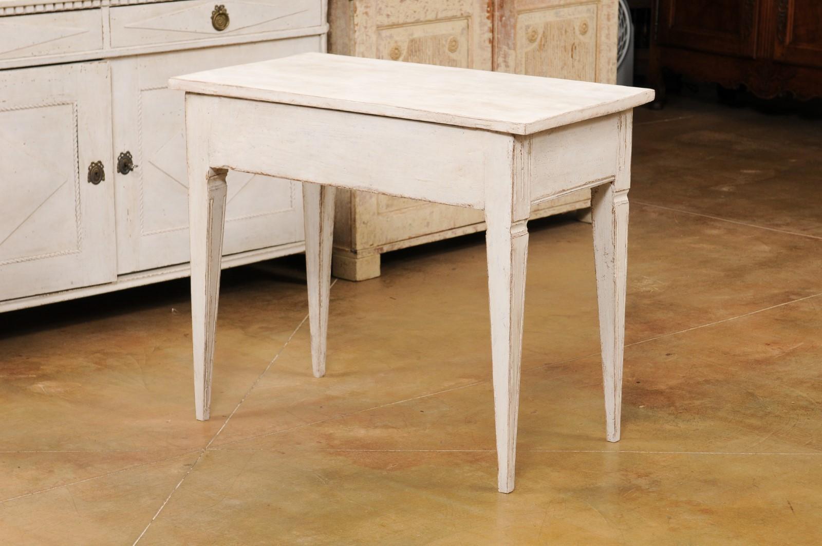 Swedish Gustavian Style Painted Side Table with Reeded Drawer and Tapered Legs For Sale 3