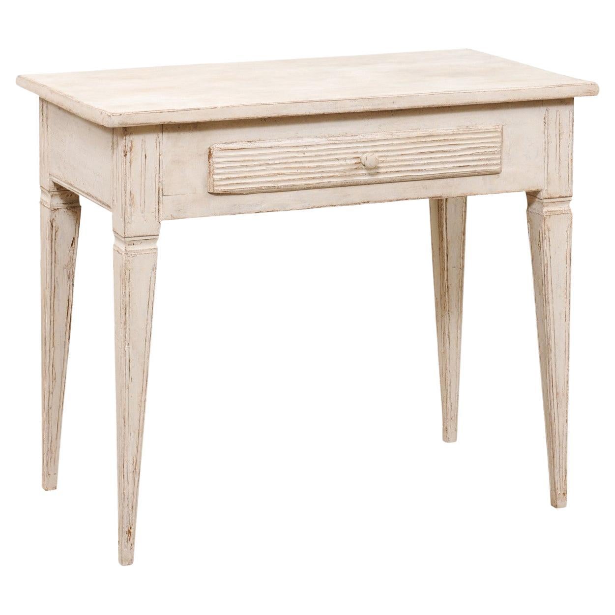 Swedish Gustavian Style Painted Side Table with Reeded Drawer and Tapered Legs For Sale