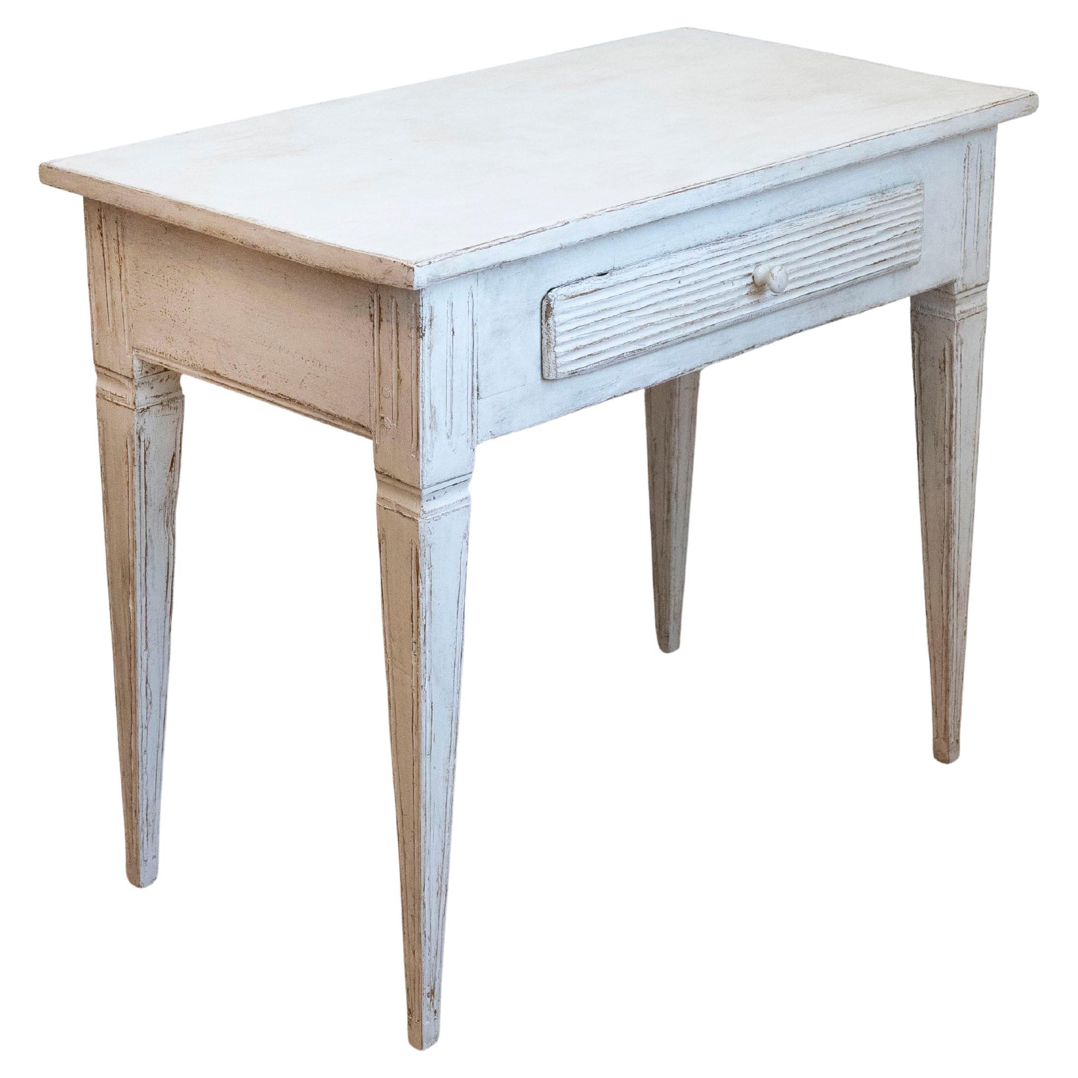 Swedish Gustavian Style Painted Side Table with Reeded Drawer and Tapered Legs