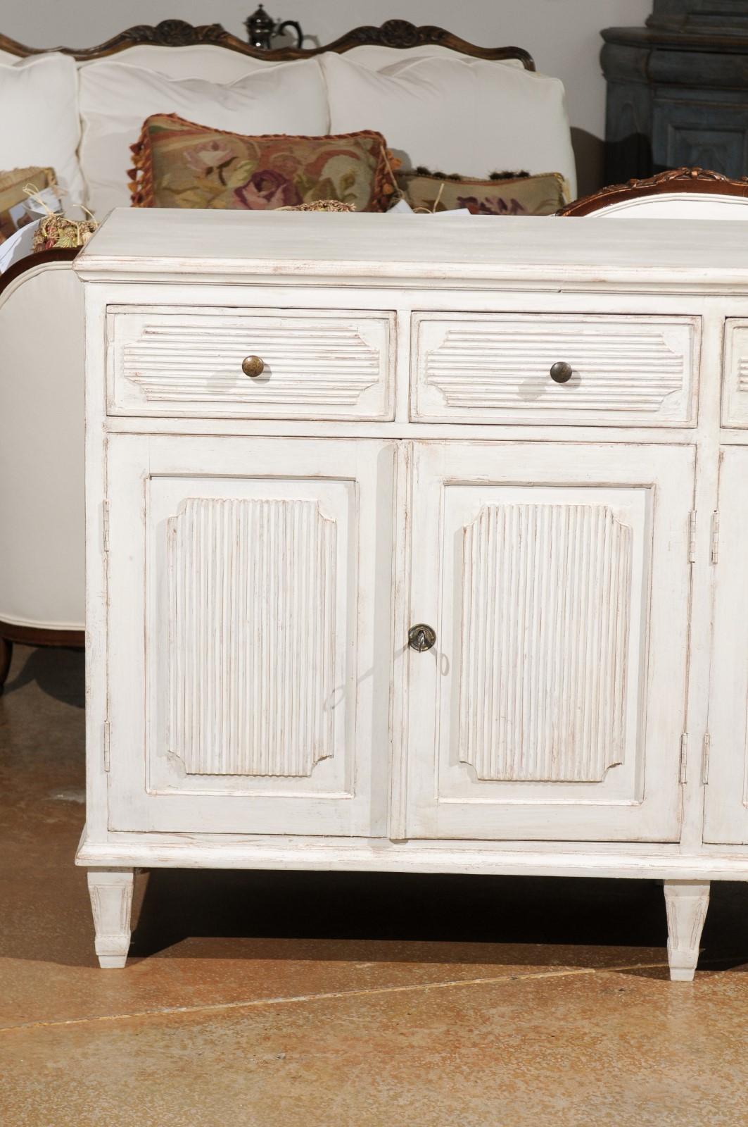 Carved Swedish Gustavian Style Painted Sideboard with Reeded Motifs, Doors and Drawers