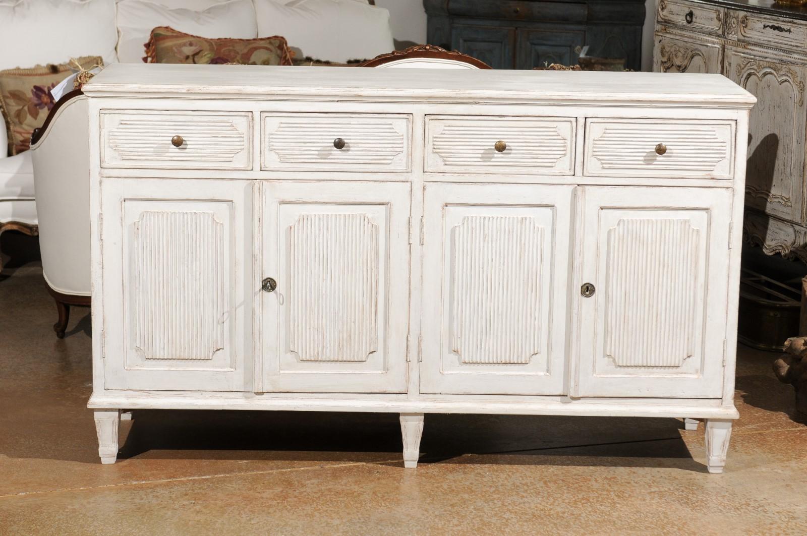 Swedish Gustavian Style Painted Sideboard with Reeded Motifs, Doors and Drawers In Good Condition In Atlanta, GA