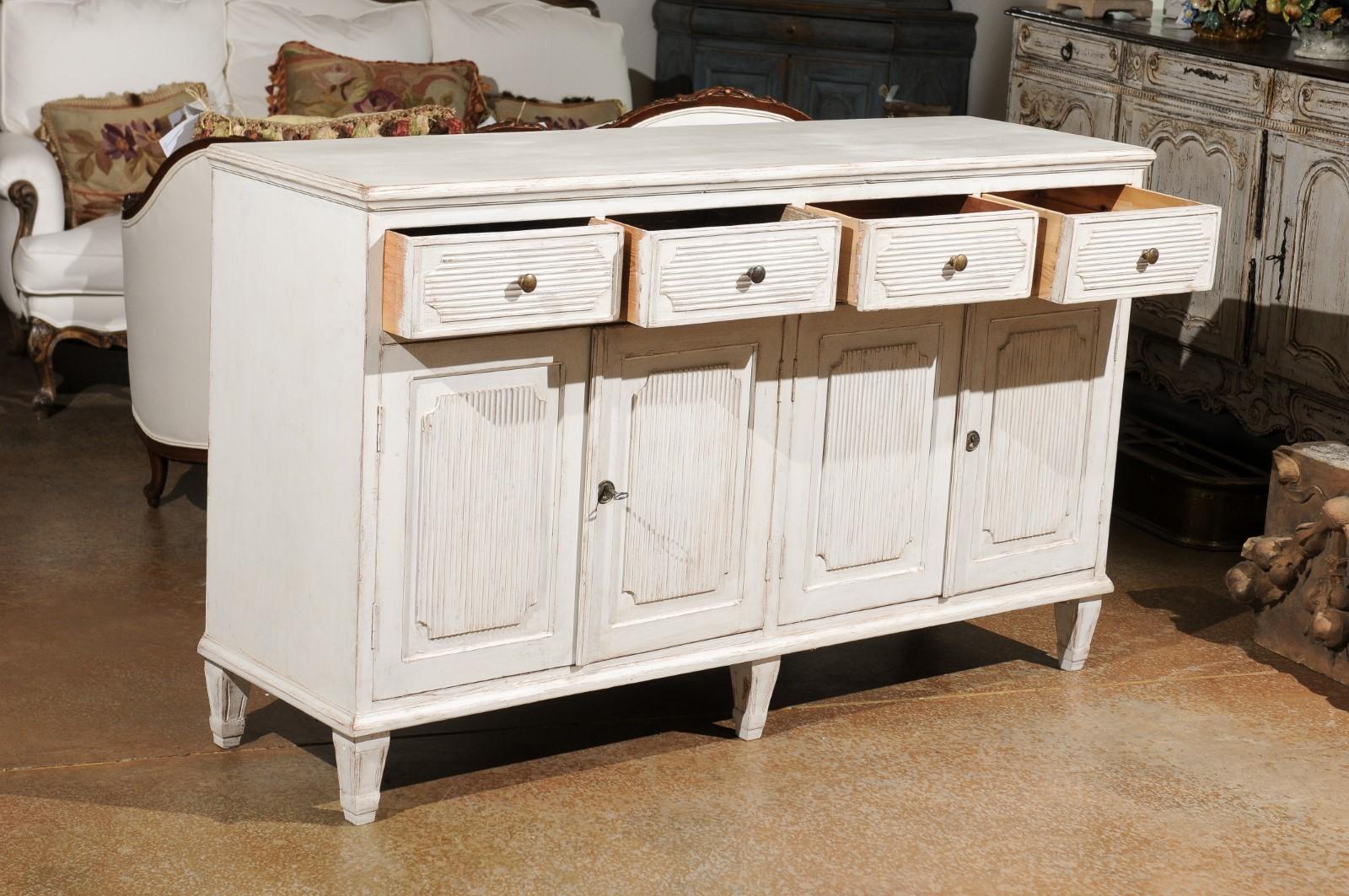 Wood Swedish Gustavian Style Painted Sideboard with Reeded Motifs, Doors and Drawers