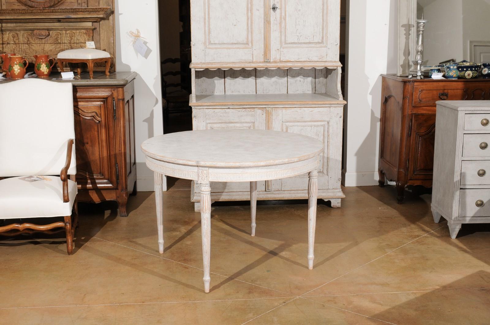 Swedish Gustavian Style Painted Table with Carved Waterleaves and Fluted Legs In Good Condition In Atlanta, GA