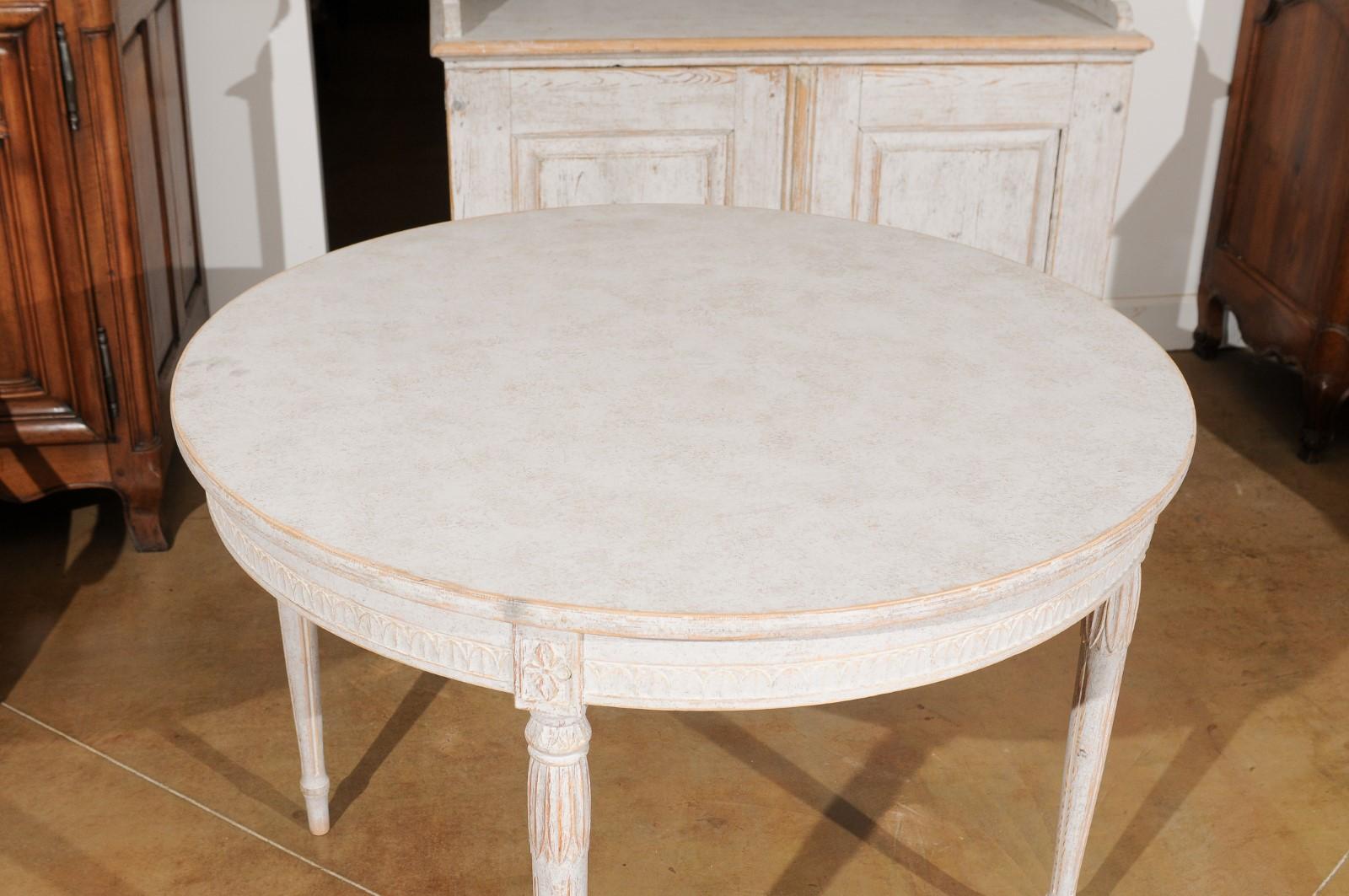 Wood Swedish Gustavian Style Painted Table with Carved Waterleaves and Fluted Legs