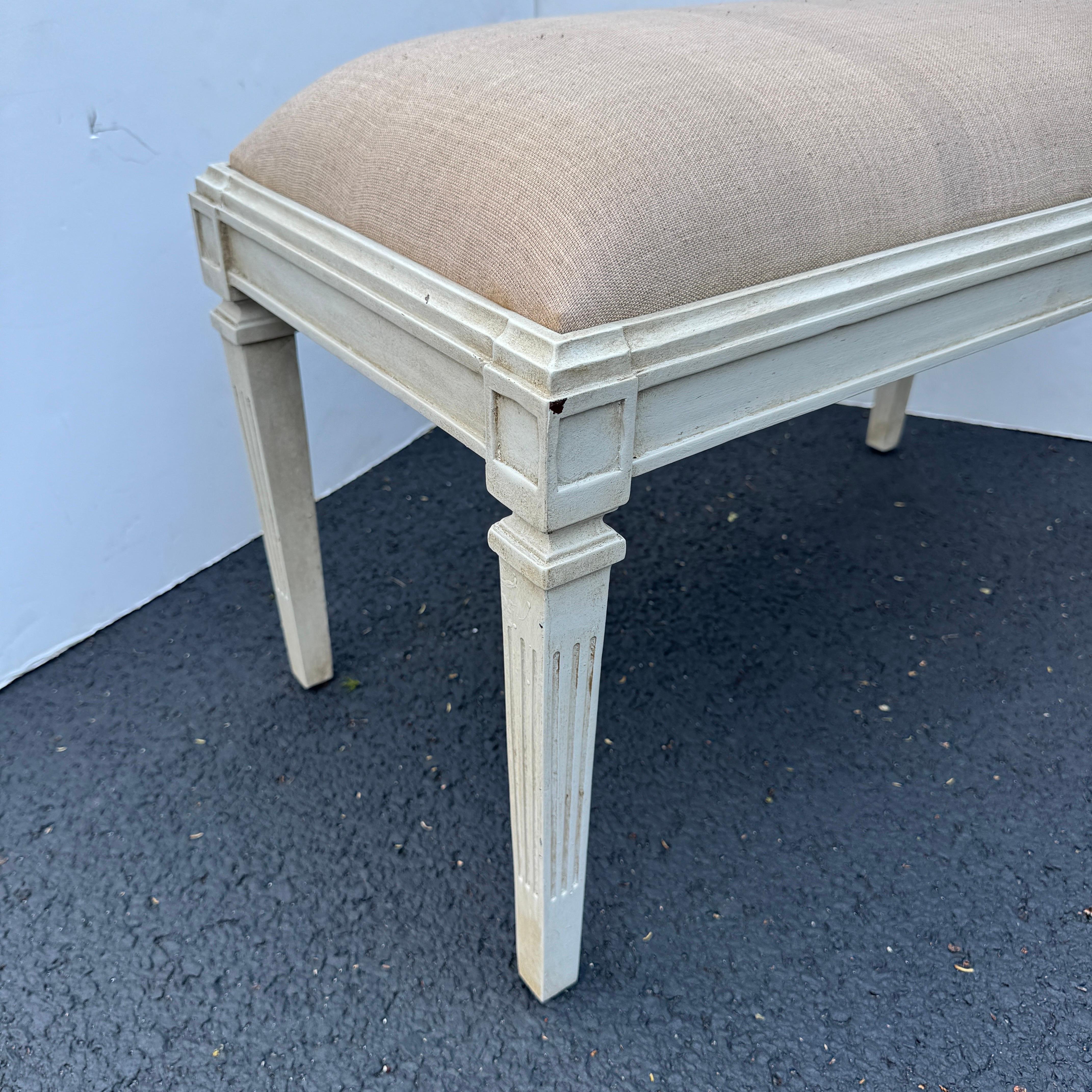 Contemporary Swedish Gustavian Style Painted Upholstered Bench For Sale