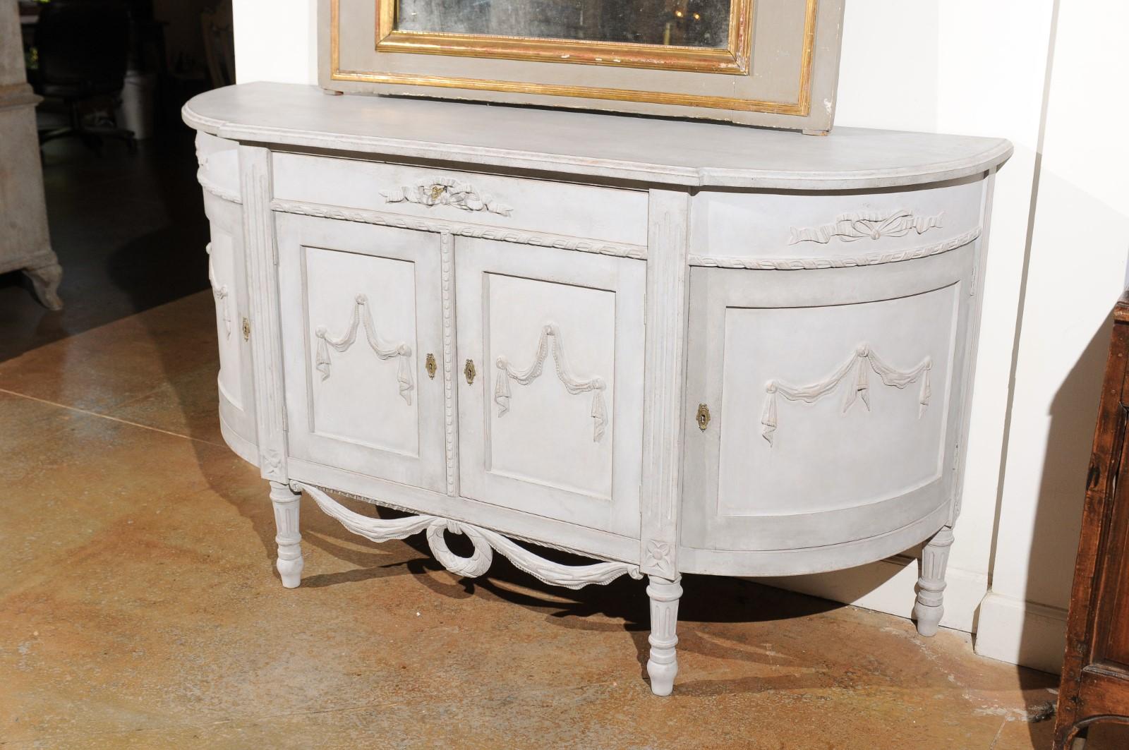 Swedish Gustavian Style Painted Wood Demilune Sideboard with Swags and Ribbons 2