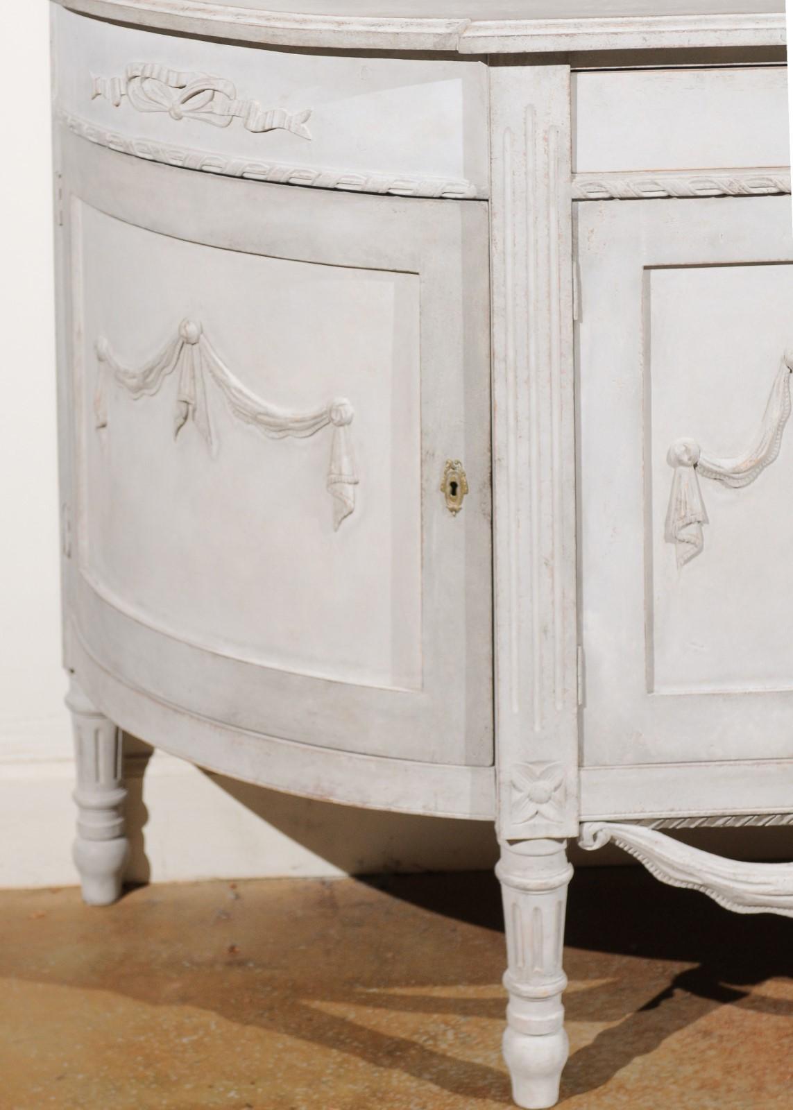 Swedish Gustavian Style Painted Wood Demilune Sideboard with Swags and Ribbons 3
