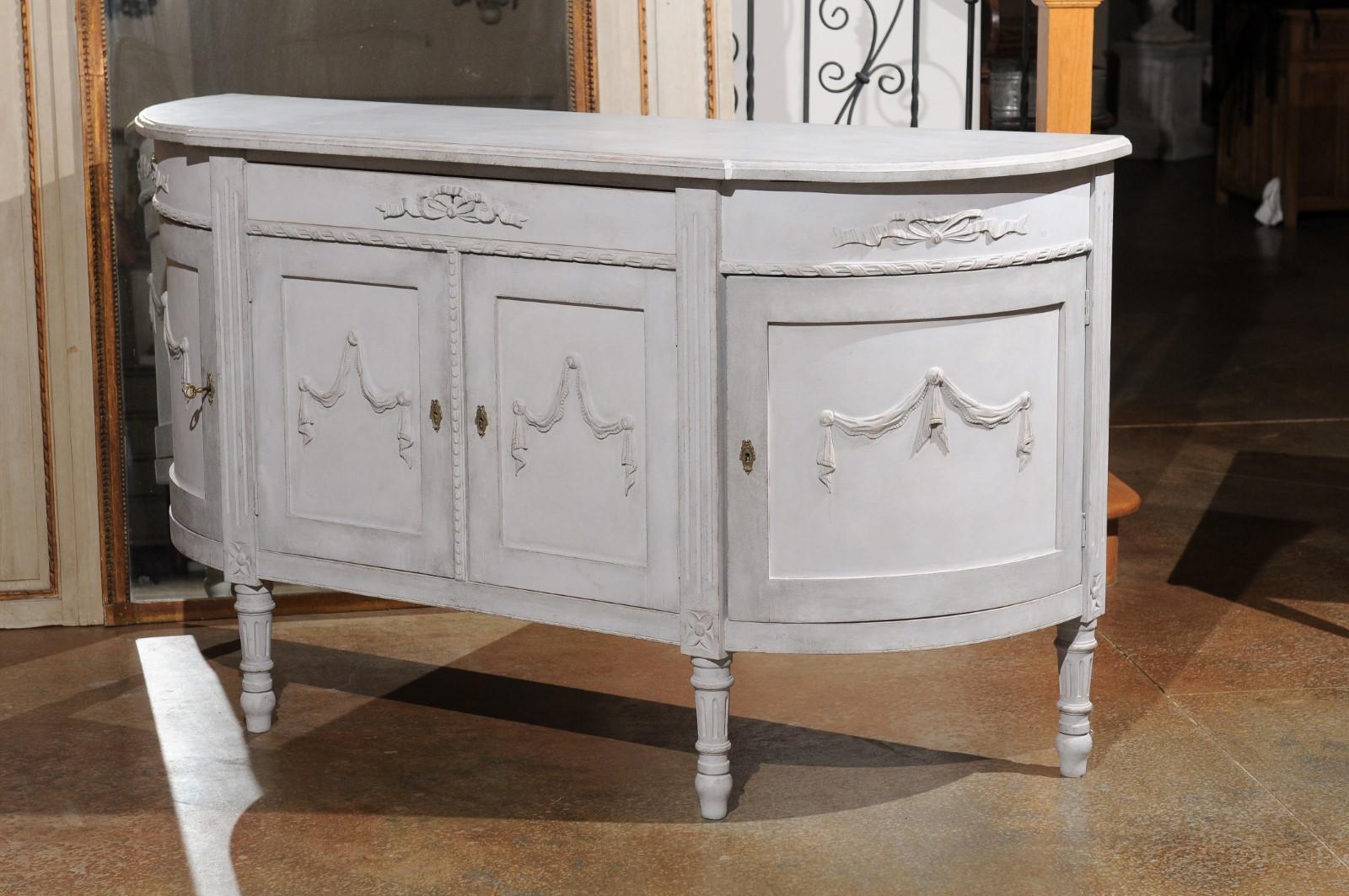 Swedish Gustavian Style Painted Wood Demilune Sideboard with Swags and Ribbons 7