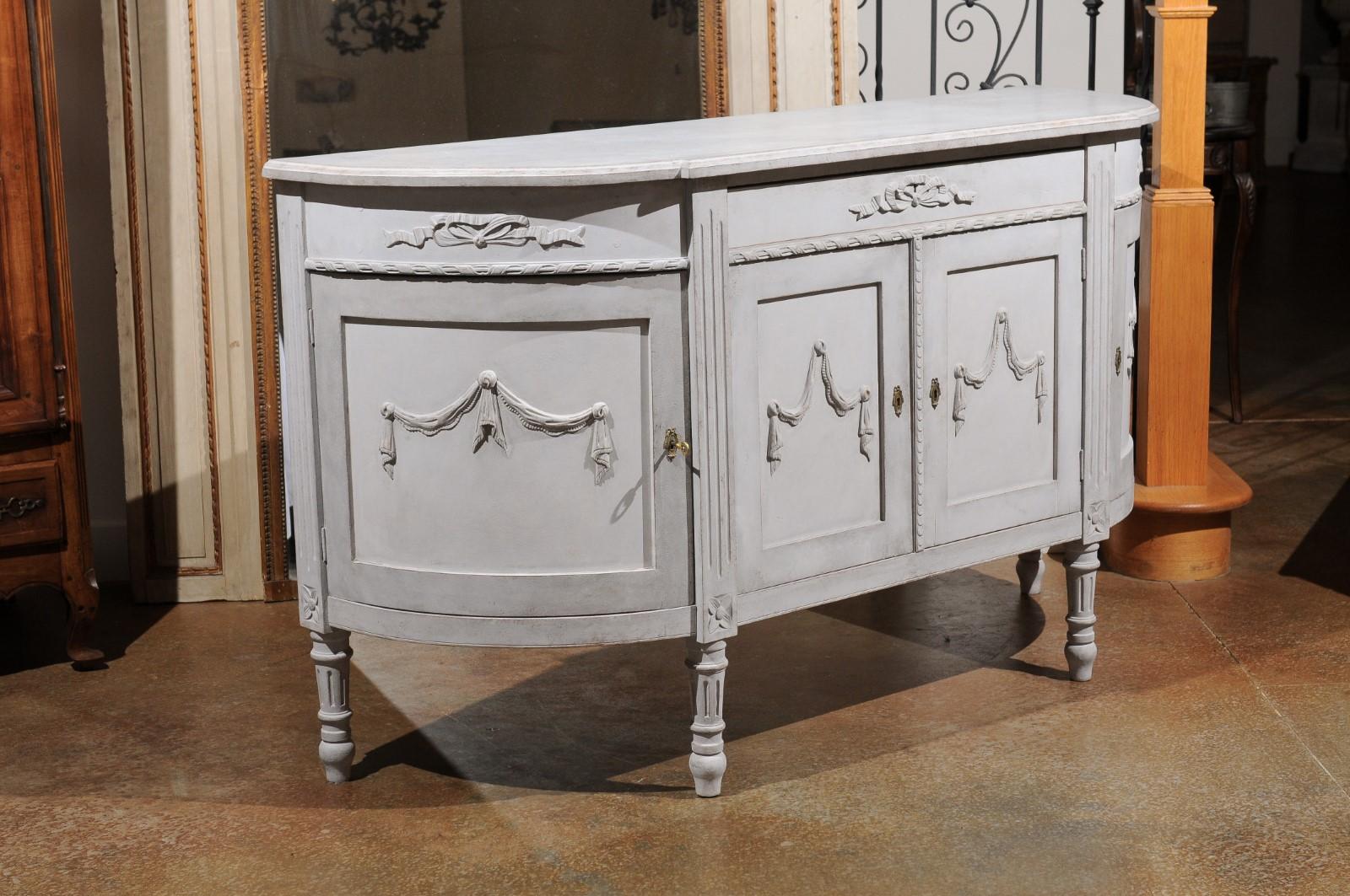 Swedish Gustavian Style Painted Wood Demilune Sideboard with Swags and Ribbons 2