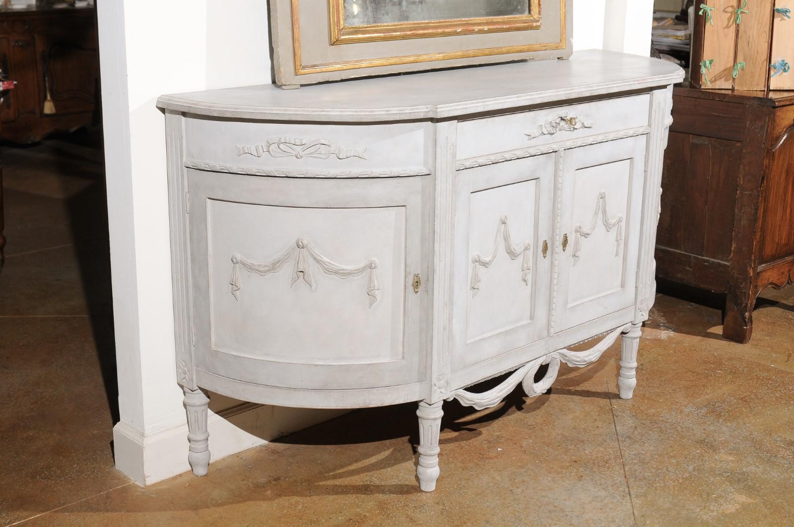 Swedish Gustavian Style Painted Wood Demilune Sideboard with Swags and Ribbons 1