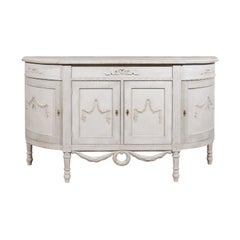 Swedish Gustavian Style Painted Wood Demilune Sideboard with Swags and Ribbons
