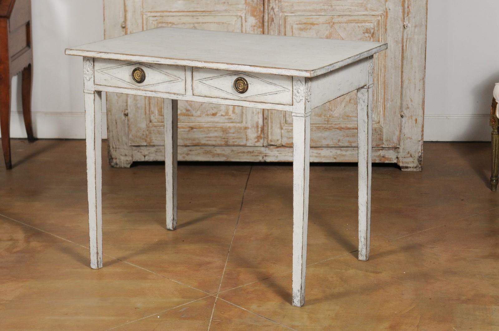 Swedish Gustavian Style Painted Wood Desk with Two Drawers and Diamond Motifs 10