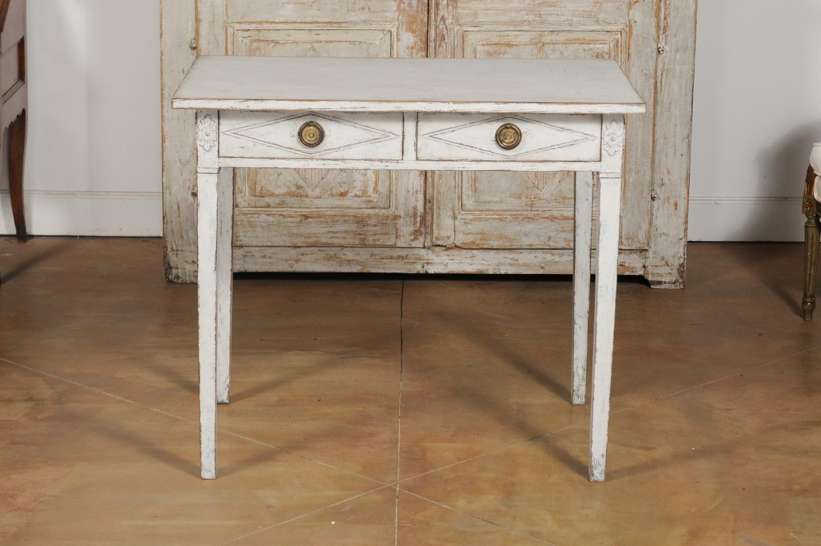 Swedish Gustavian Style Painted Wood Desk with Two Drawers and Diamond Motifs 13