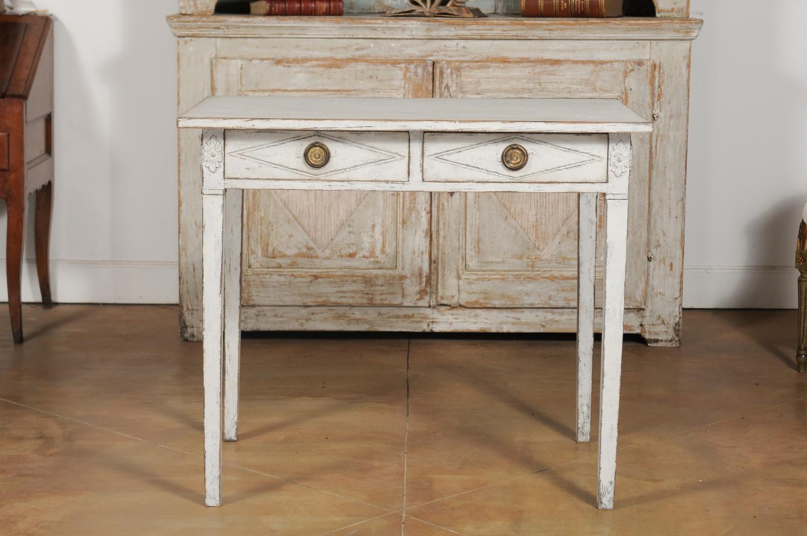 Swedish Gustavian Style Painted Wood Desk with Two Drawers and Diamond Motifs 14