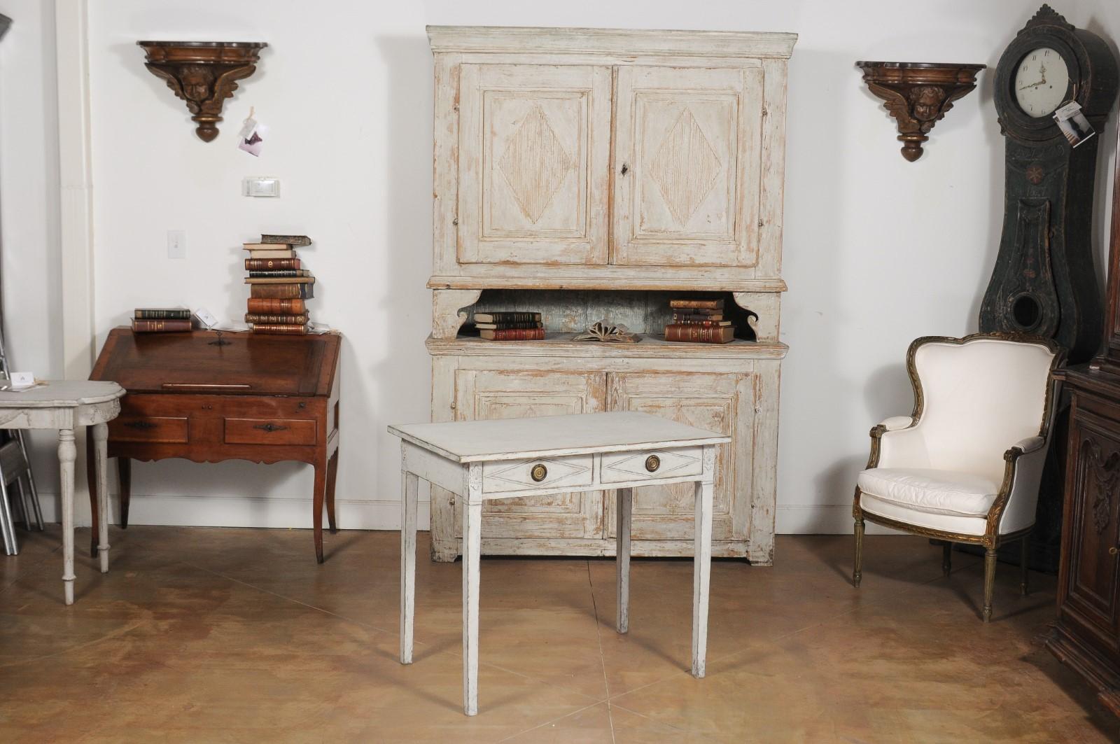 Swedish Gustavian Style Painted Wood Desk with Two Drawers and Diamond Motifs In Good Condition In Atlanta, GA