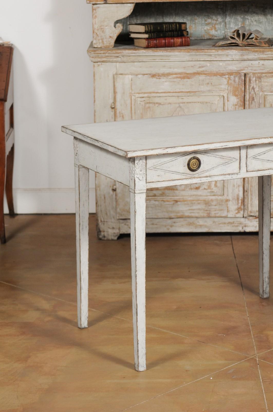 20th Century Swedish Gustavian Style Painted Wood Desk with Two Drawers and Diamond Motifs