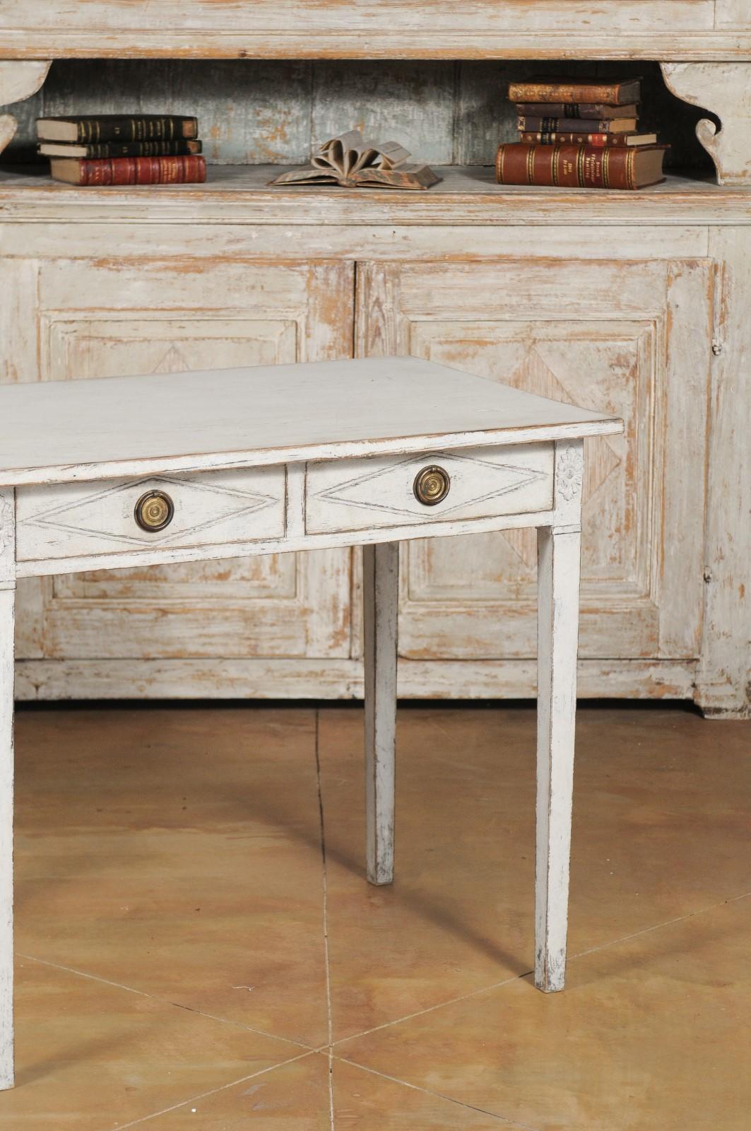 Brass Swedish Gustavian Style Painted Wood Desk with Two Drawers and Diamond Motifs