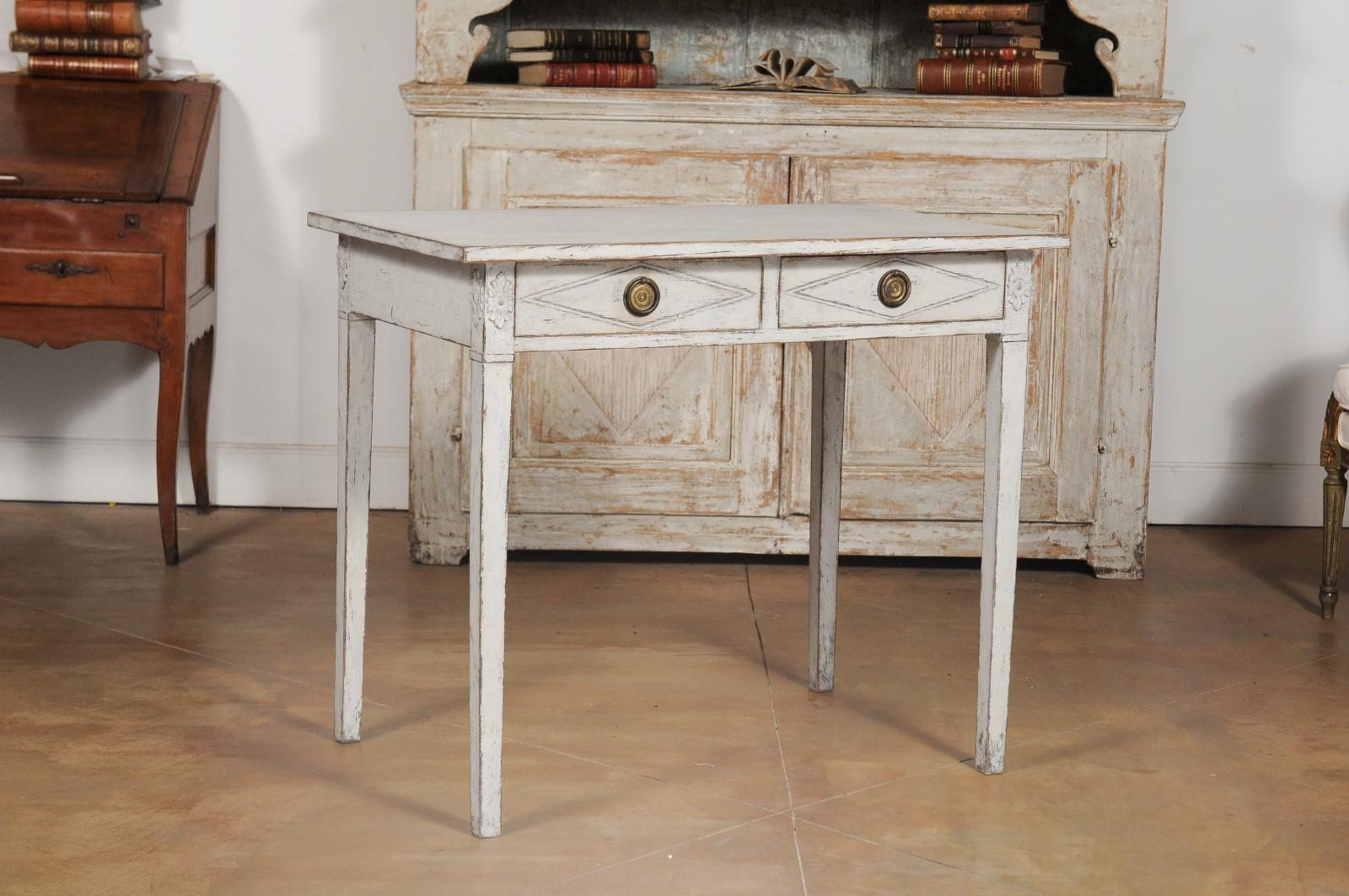 Swedish Gustavian Style Painted Wood Desk with Two Drawers and Diamond Motifs 1