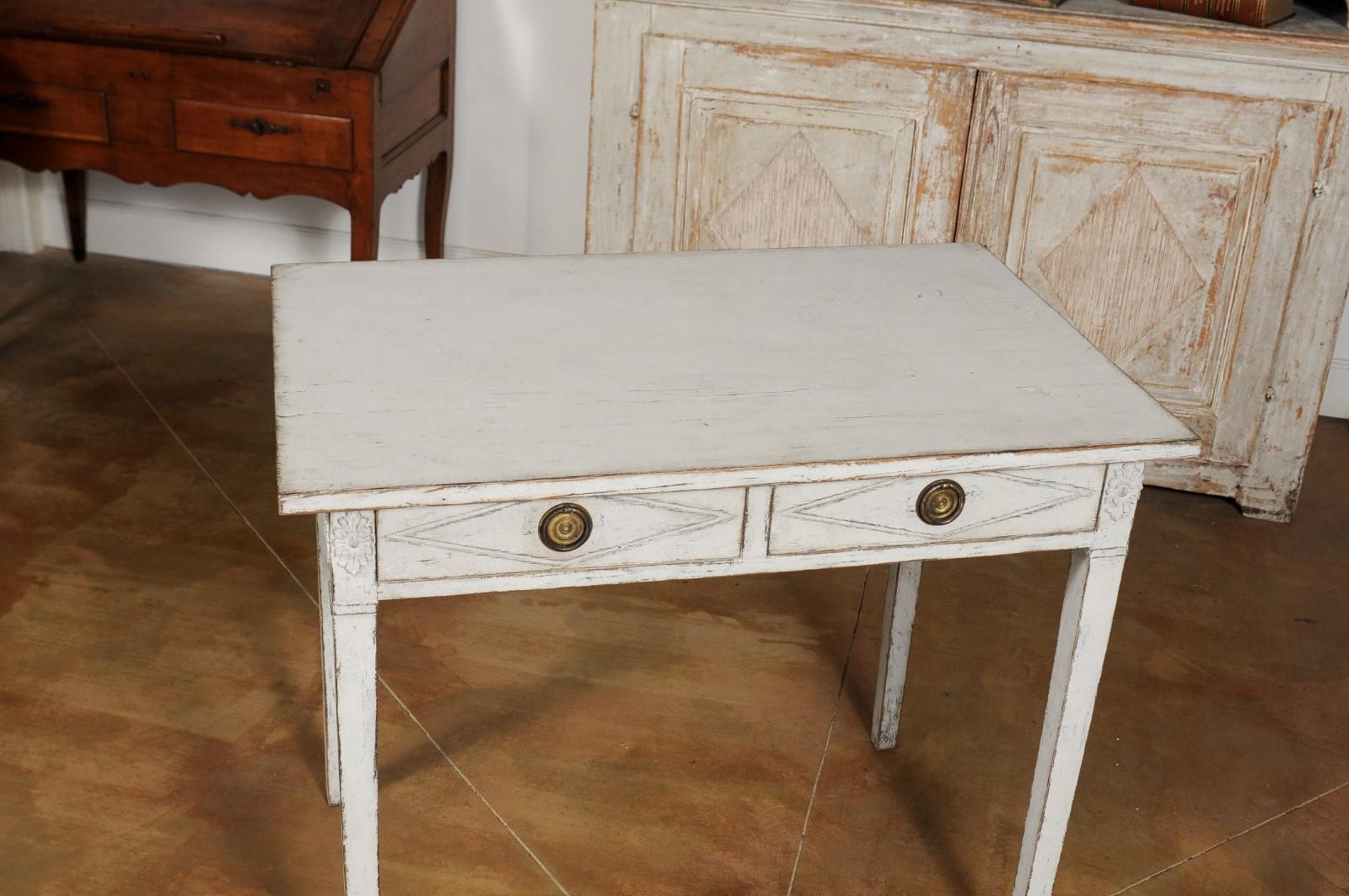 Swedish Gustavian Style Painted Wood Desk with Two Drawers and Diamond Motifs 2