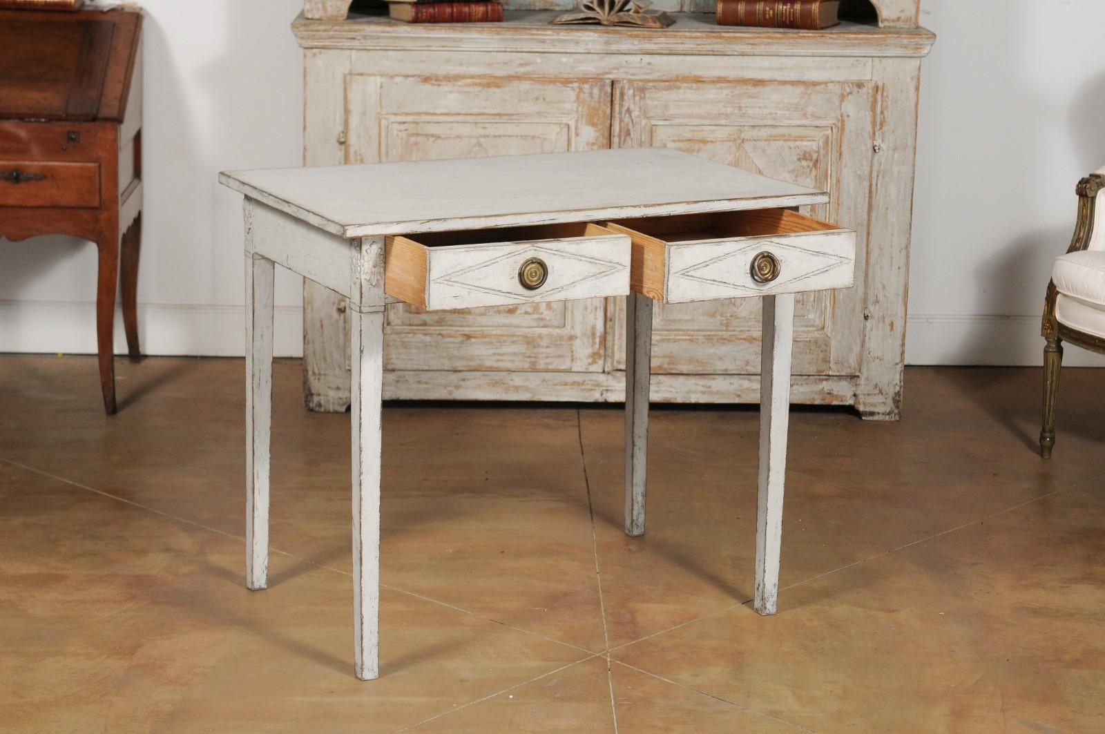 Swedish Gustavian Style Painted Wood Desk with Two Drawers and Diamond Motifs 3