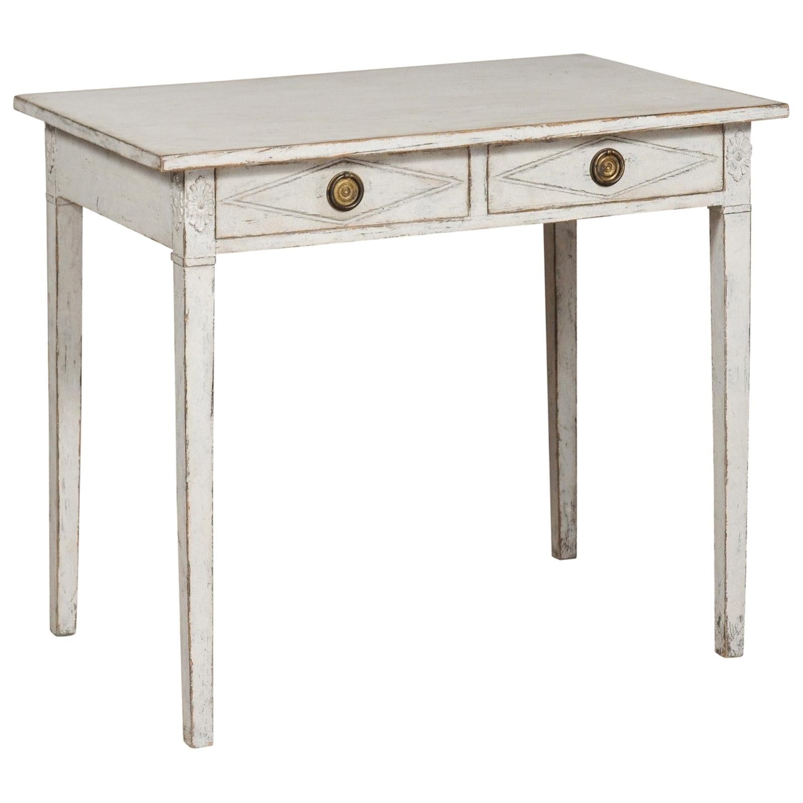 Swedish Gustavian Style Painted Wood Desk with Two Drawers and Diamond Motifs