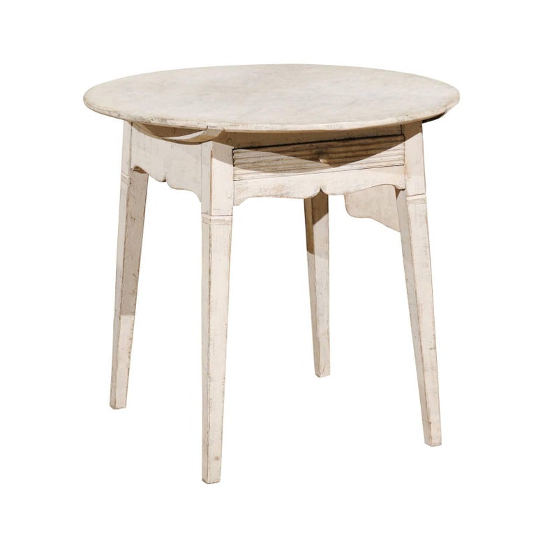 Swedish Gustavian Style Painted Wood Round Side Table With Drawer Circa 1880