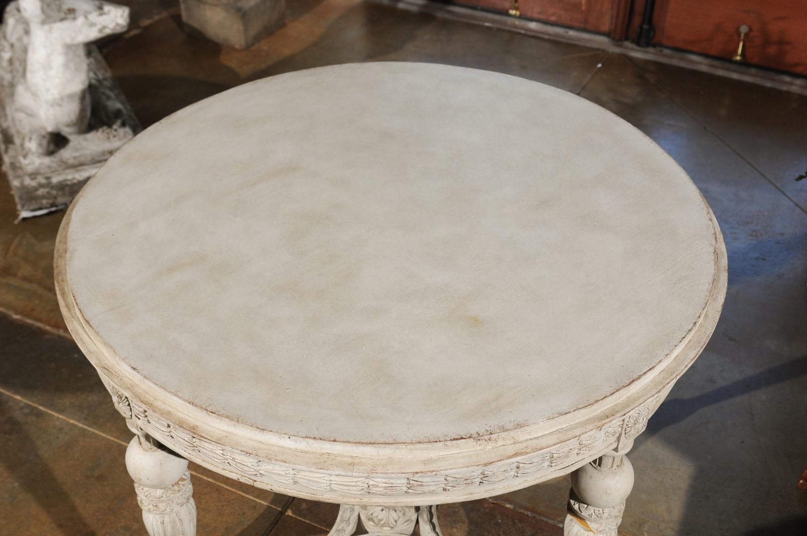 Swedish Gustavian Style Painted Wood Round Table with Carved Apron and Legs 2