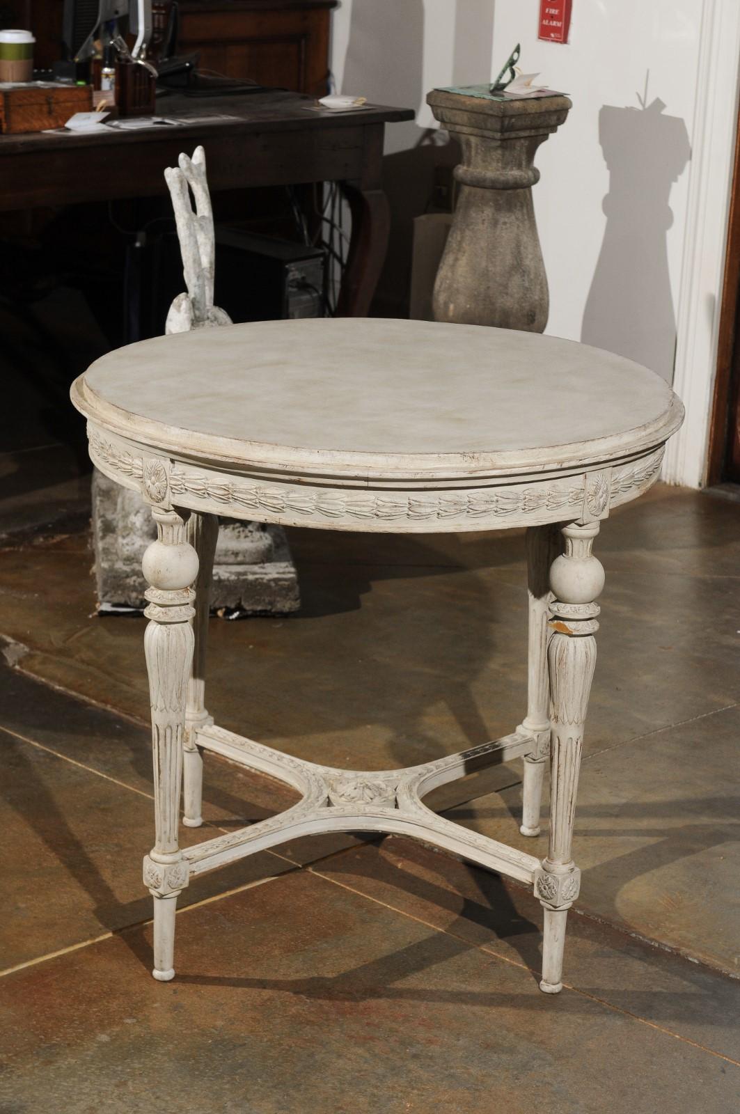 Swedish Gustavian Style Painted Wood Round Table with Carved Apron and Legs 3
