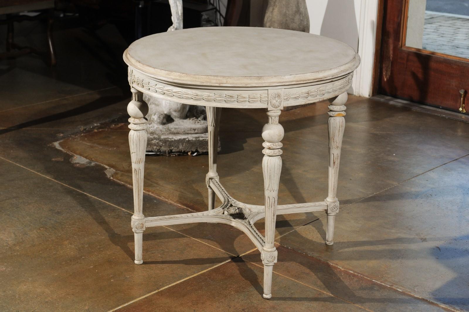 Swedish Gustavian Style Painted Wood Round Table with Carved Apron and Legs 4