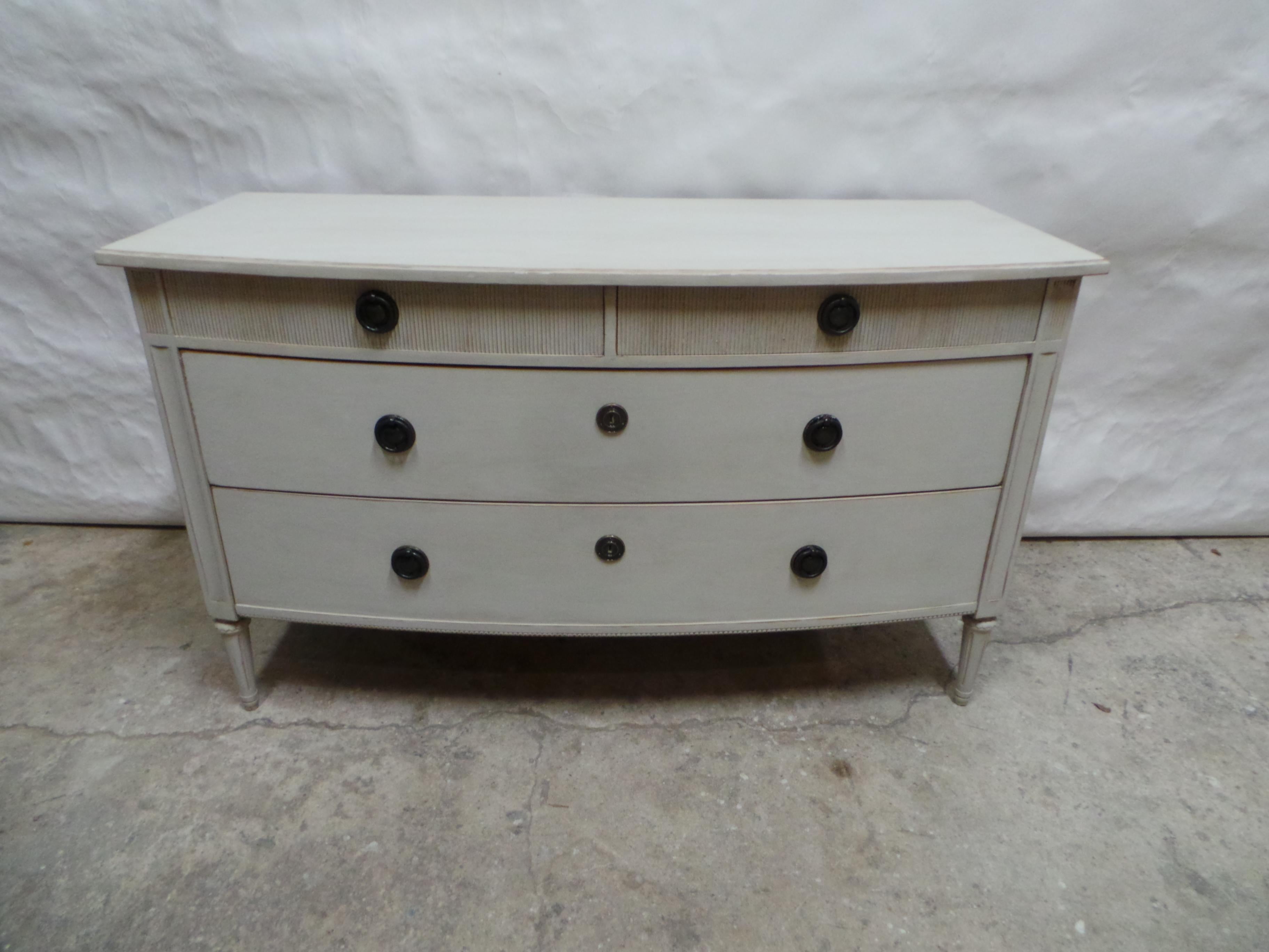 This is a Swedish Gustavian Style Unique 4 Drawer Chest of Drawers. its been restored and repainted with Milk Paints 