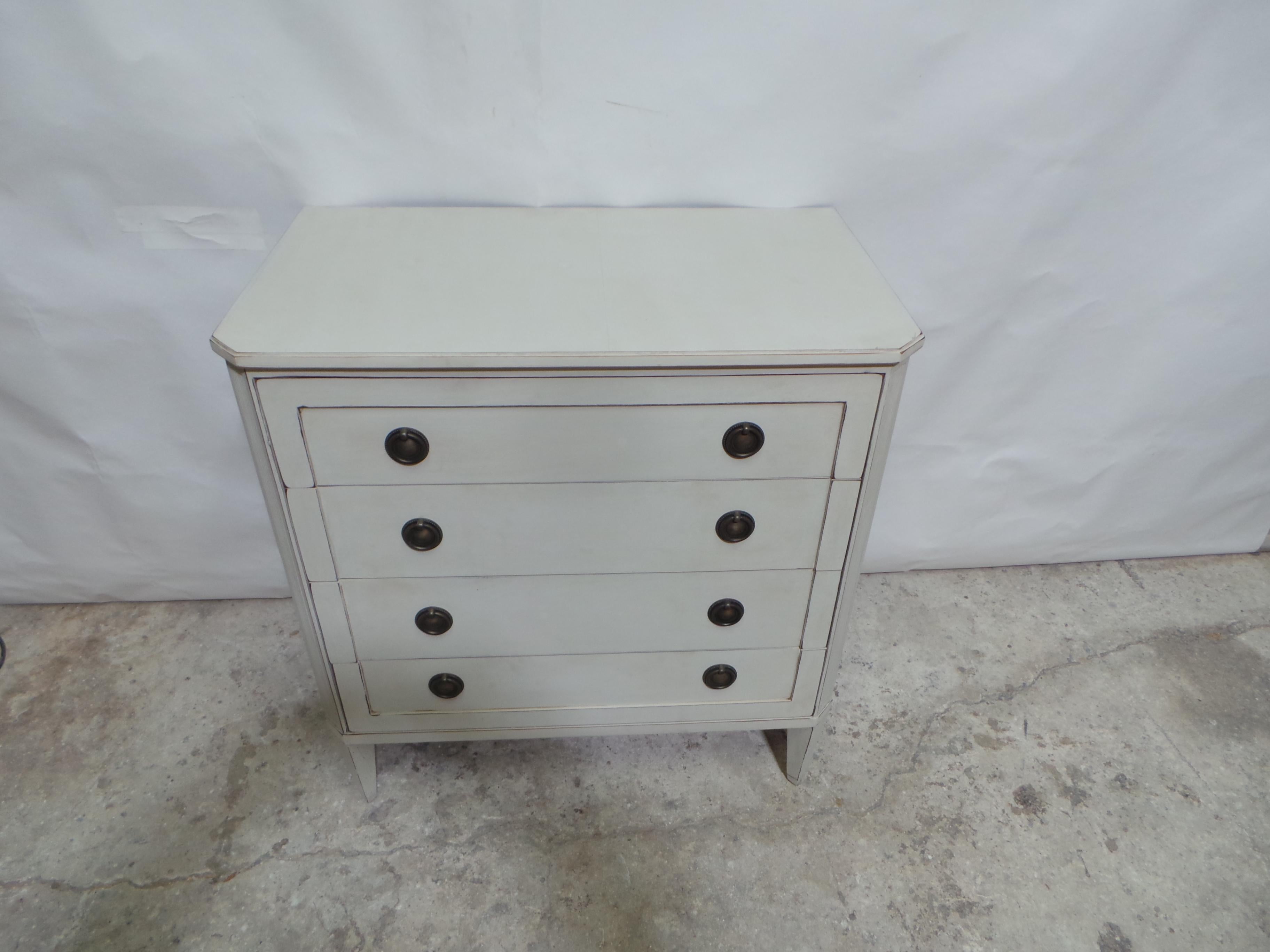 This is a Swedish Gustavian Style Unique 4 Drawer Chest Of Drawers . it was just restored and repainted with Milk Paints 