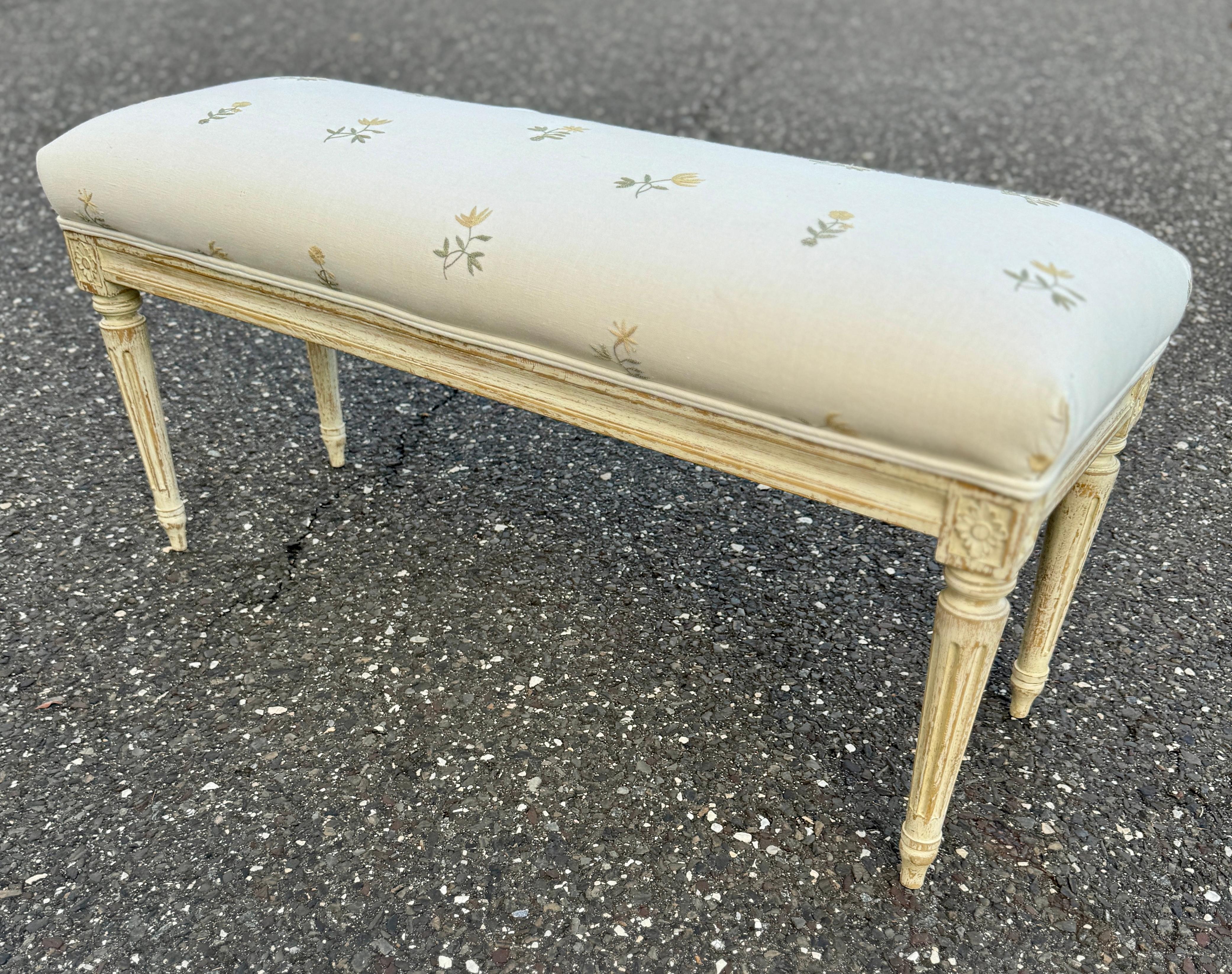 Swedish Gustavian Style Upholstered Painted Bench For Sale 4