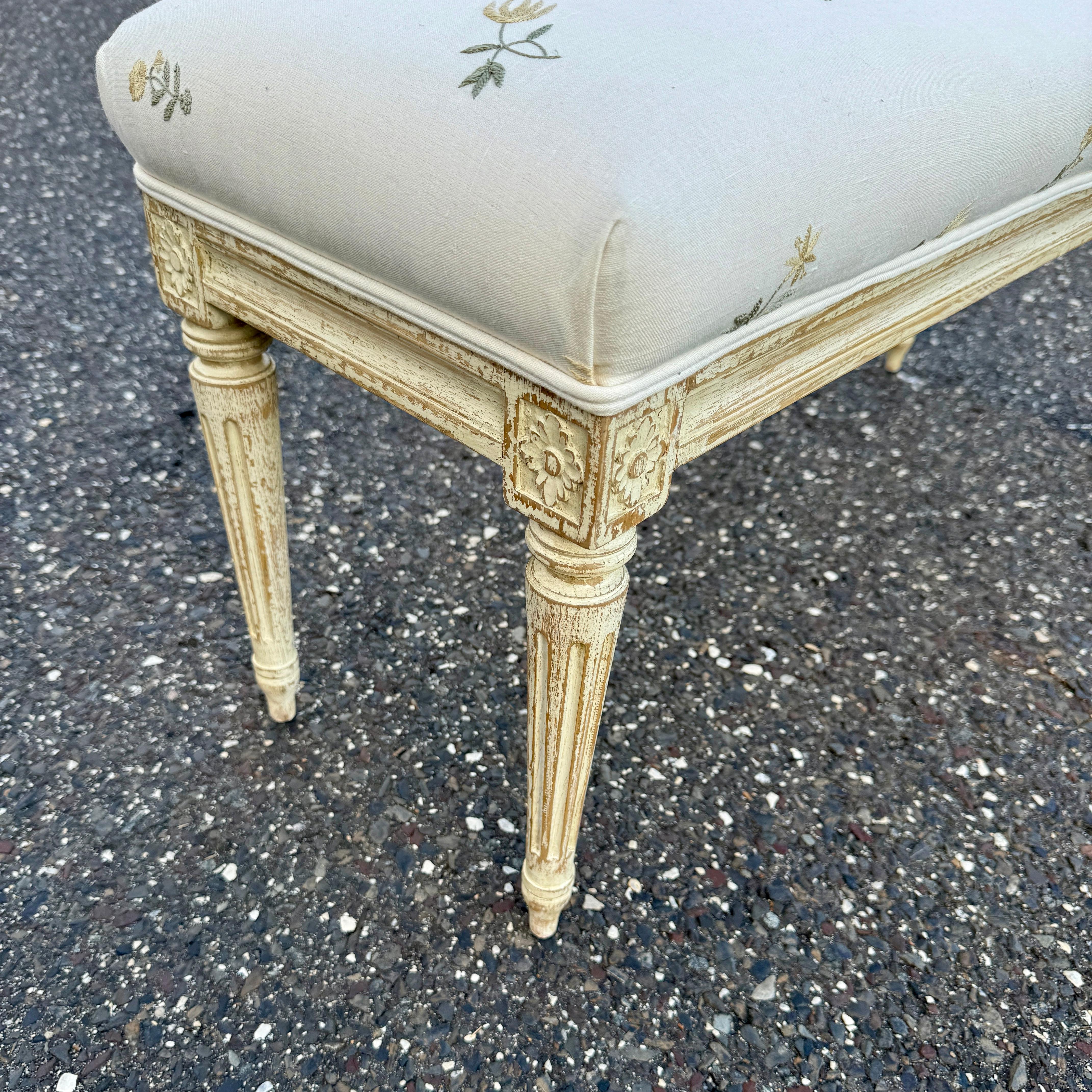 Hand-Crafted Swedish Gustavian Style Upholstered Painted Bench For Sale