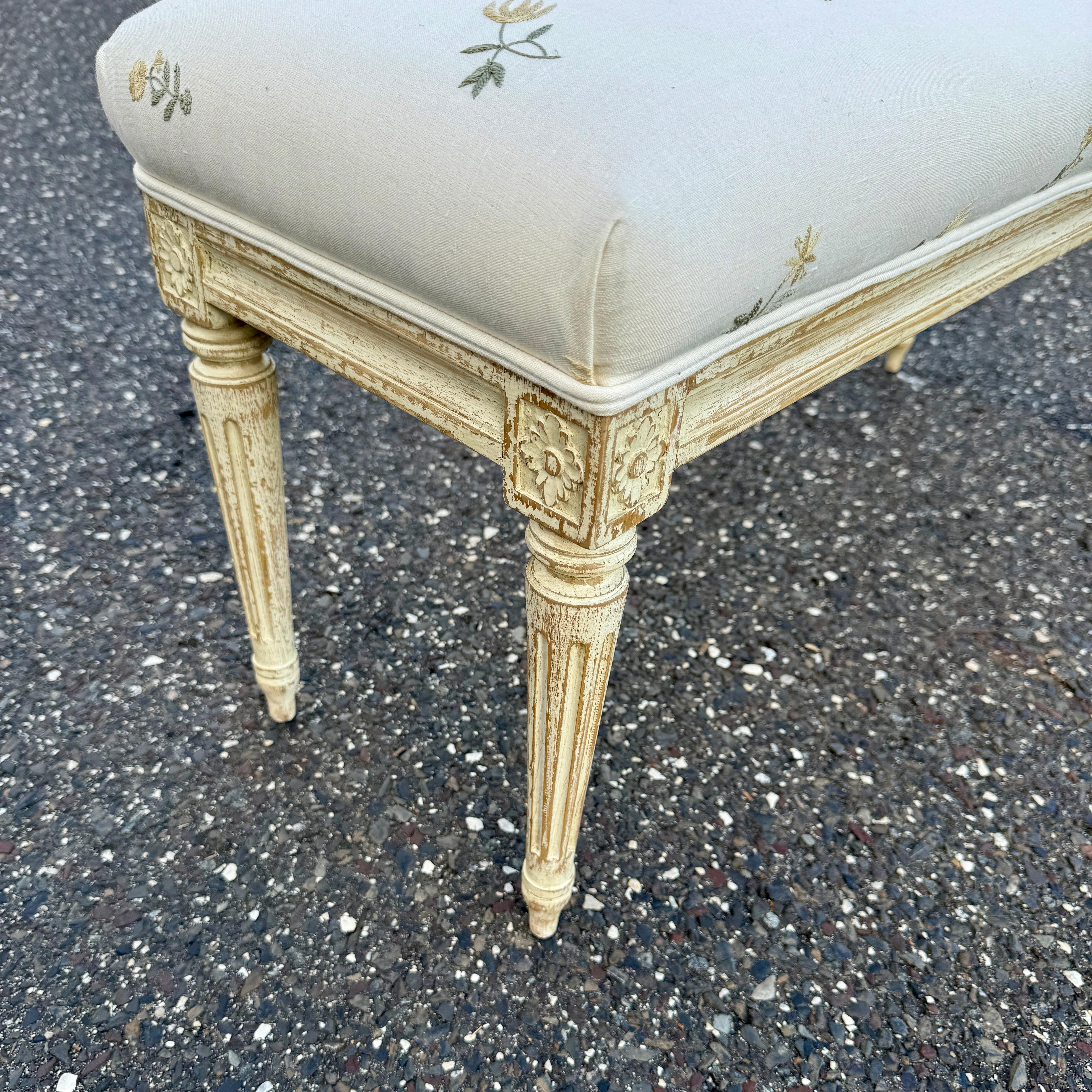 Hand-Crafted Swedish Gustavian Style Upholstered Painted Bench